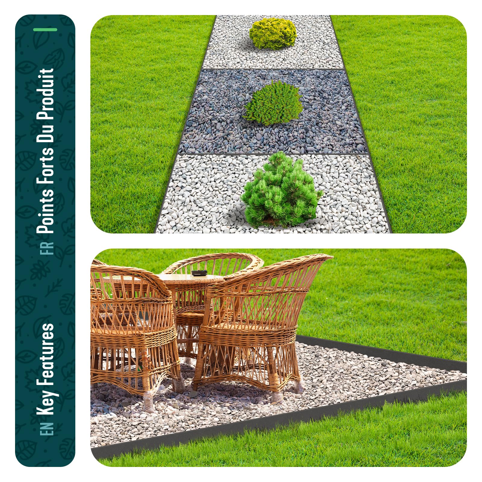 VOUNOT® Bordure de Jardin en PE 20 mètres avec 12 Piquets d’ancrage Bordure de Gazon Flexible Bordurette de Pelouse Aspect Naturel Hauteur 13cm Epaisseur 3mm Gris