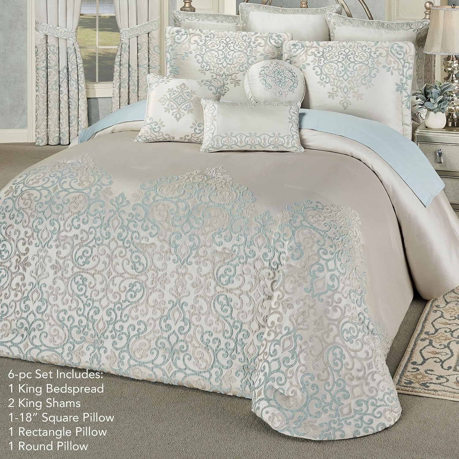 Luxurious Avalon Bed Set | Sophisticated Elegant Jacquard Woven Scroll | Oyster Spa Silver Gray | 6 Piece Set: King Bedspread, 2 King Shams, Square Pillow, Rectangle Pillow, Round Pillow
