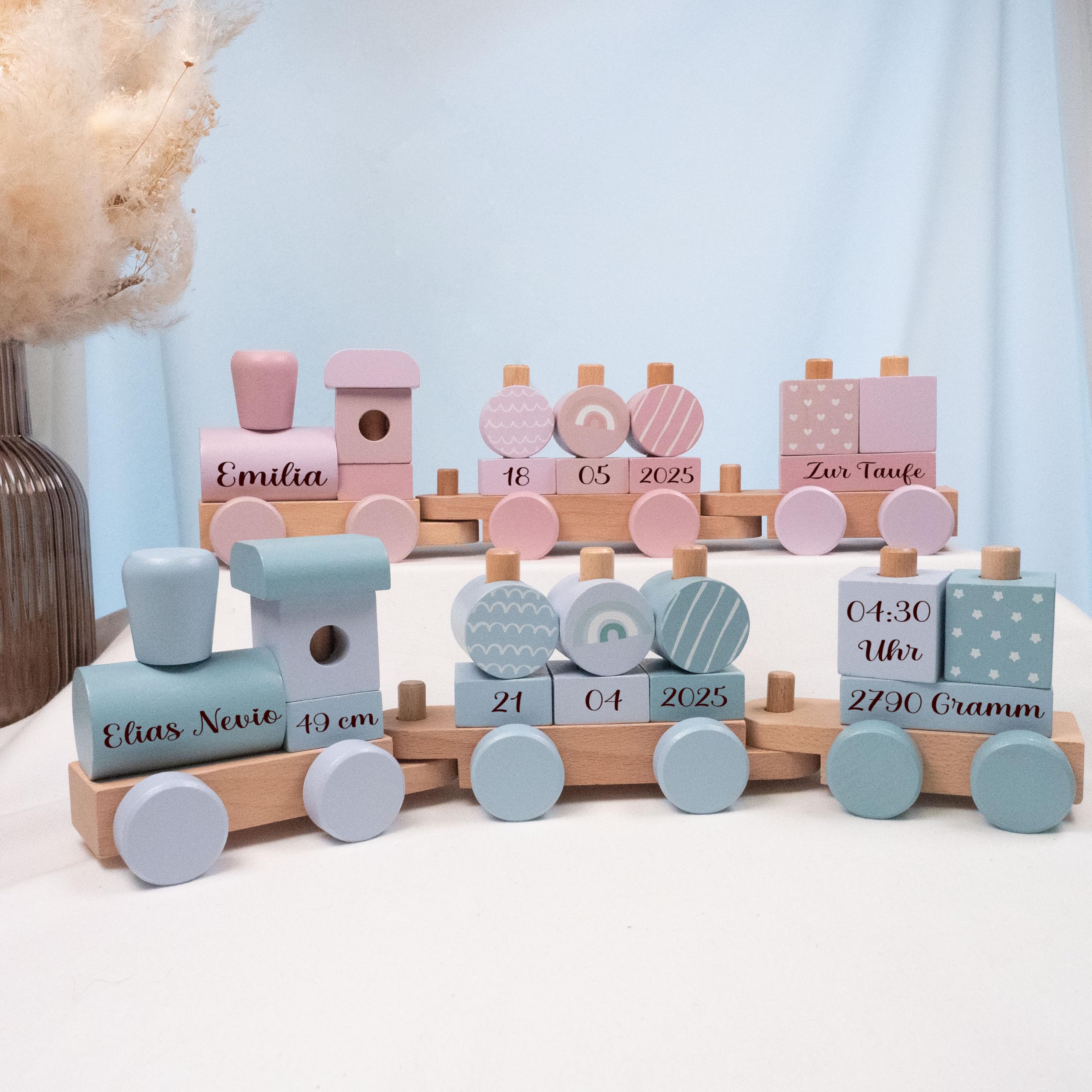 personalisierte Geschenke Baby Holz Eisenbahn REGENBOGEN als Babygeschenk zur Geburt Junge + Mädchen Holz Zug mit Name und Datum personalisierbar mit Gravur