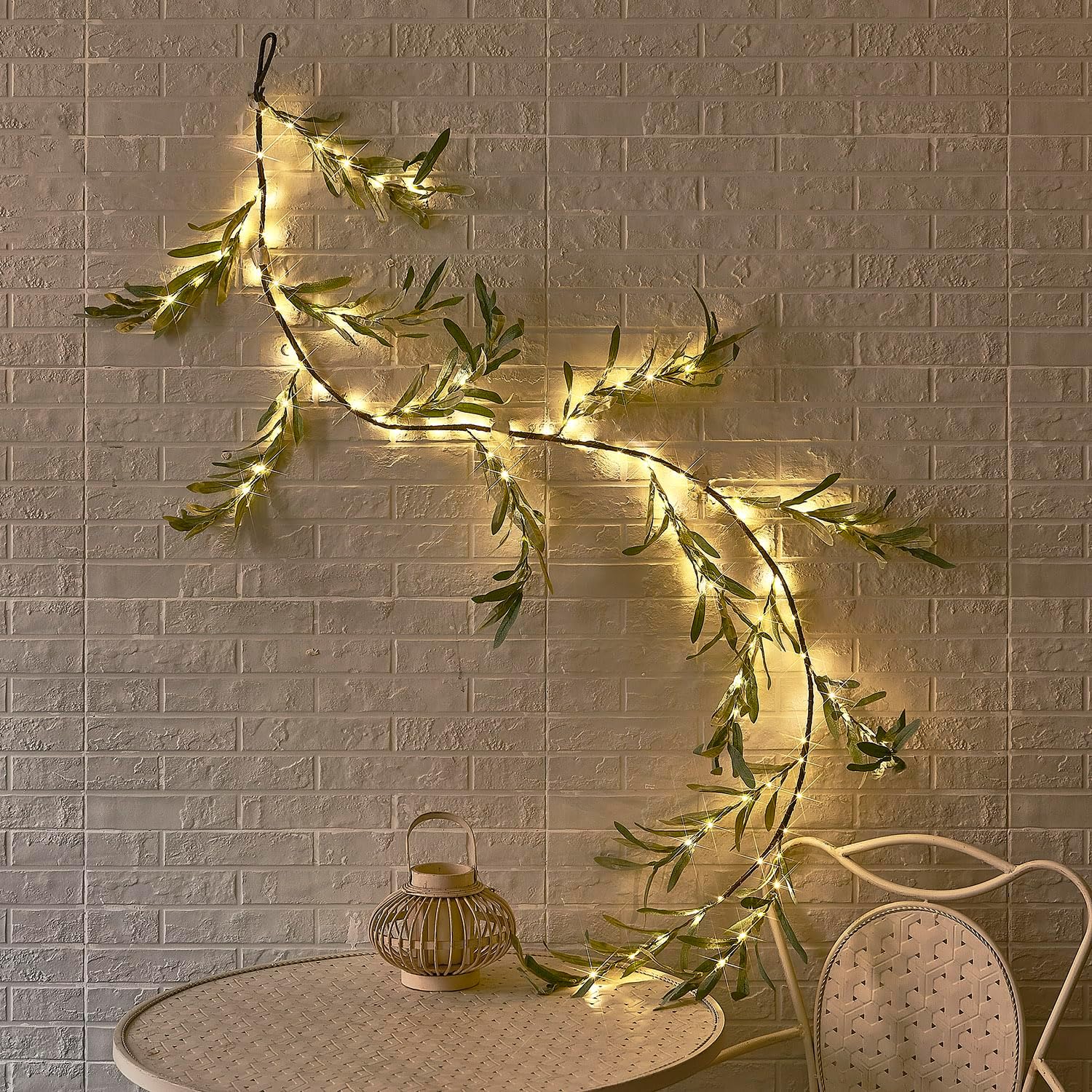 BAOLITVINE Lighted Olive Garland with 96 LED Fairy Lights 6FT Battery Operated with Timer, Faux Greenery Vine Garland with Lights for Fireplace Wall Christmas Spring Decoration