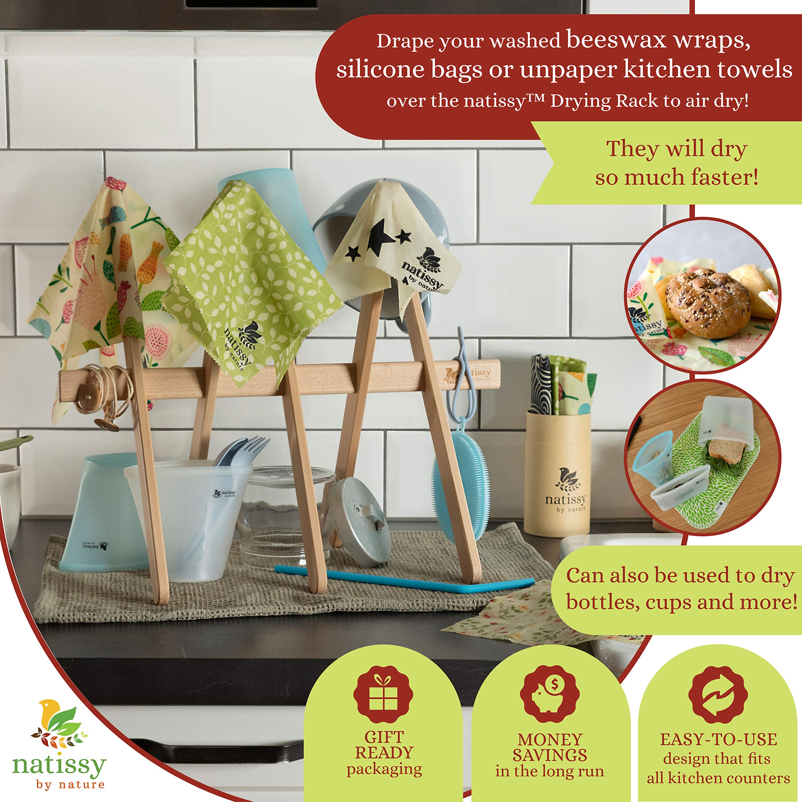 Natissy Beukenhouten droogrek voor bijenwasdoeken, waxpapier voor levensmiddelen, Zero Waste wasdoeken, plasticvrij alternatief voor aluminium en vershoudfolie voor kaas, fruit, groenten en brood, bijenwax warp Natissy Beukenhouten droogrek voor bijenwasdoeken, waxpapier voor levensmiddelen, Zero Waste wasdoeken, plasticvrij alternatief voor aluminium en vershoudfolie voor kaas, fruit, groenten en brood, bijenwax warp