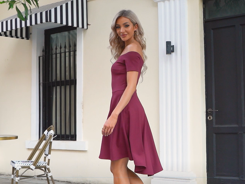 burgundy off the shoulder skater dress Rebdolls Women's Class Flirt Cotton Off The Shoulder Mini Skater Dress W. Pockets - Burgundy