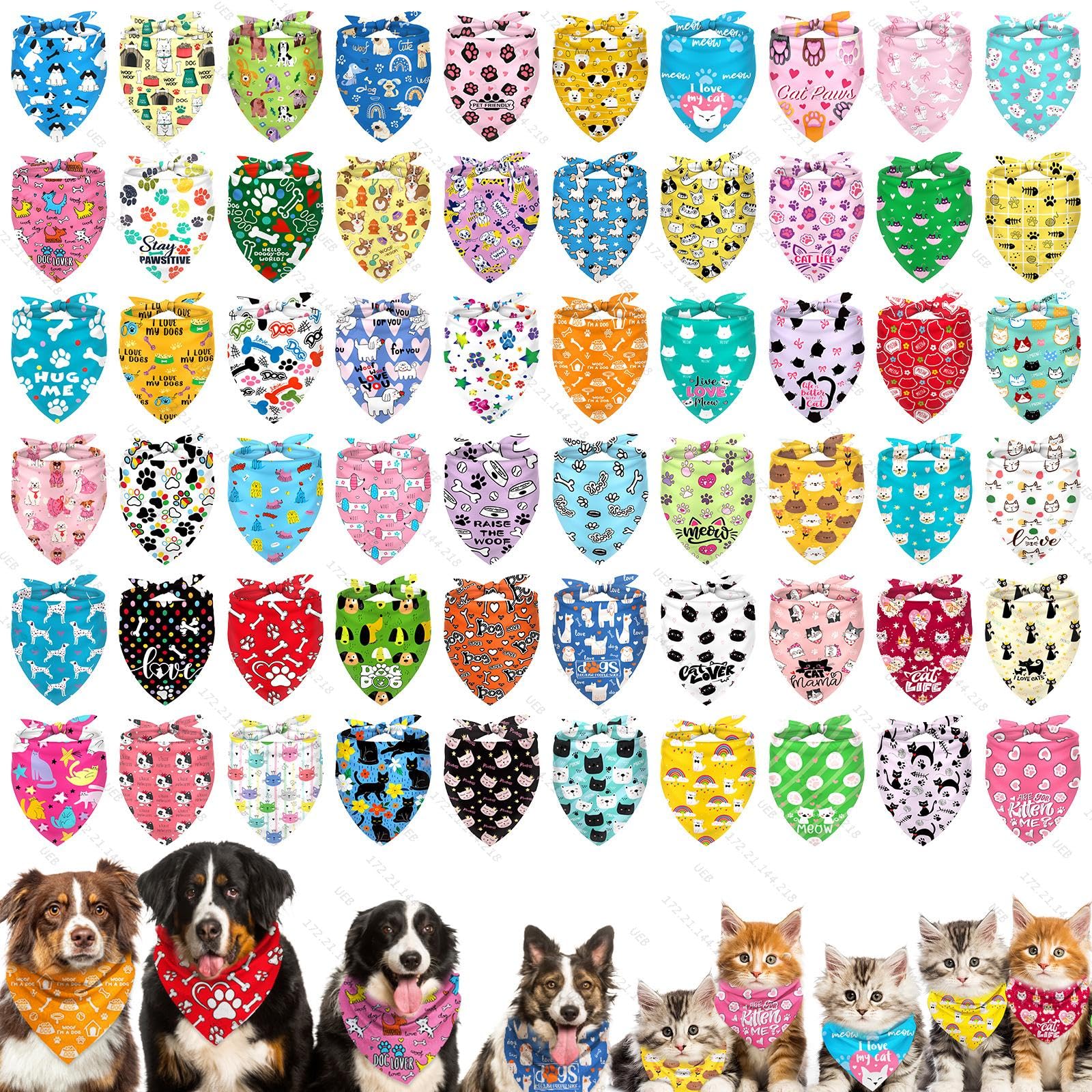 Lot de 60 bandanas pour chien - Triangle doux - En polyester - Avec motif floral - Longueur réglable - Pour animaux de compagnie - Pour chiens et chats - Vacances - Festival