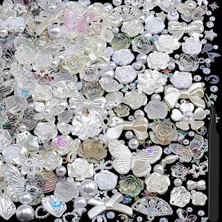 450PCS Resin Flower Beads Kit - 900 Sunflower Rhinestones & 3D Butterfly Charms, 2mm Hole DIY Jewelry Supplies for Phone Case Decor/Shoe Accents with Pearls (White)