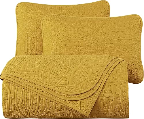 Miniatura 9 de Chezmoi Collection Austin - Juego de colcha tamaño King de 3 piezas Pinsonic acolchada de gran tamaño, tamaño King, mostaza