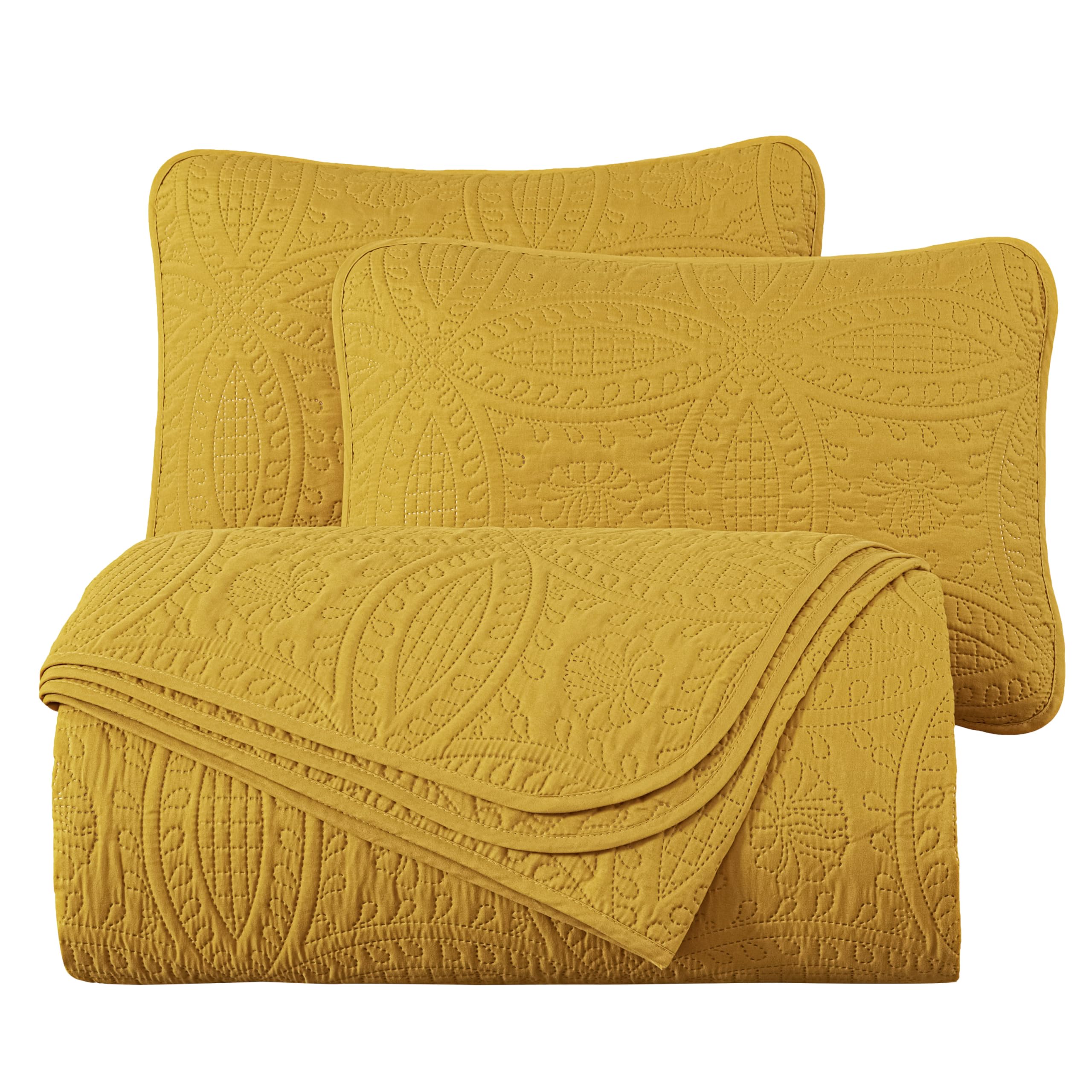 Chezmoi Collection Austin - Juego de Colcha tamaño Queen de 3 Piezas Pinsonic Acolchada Extra Grande, Queen, Mostaza