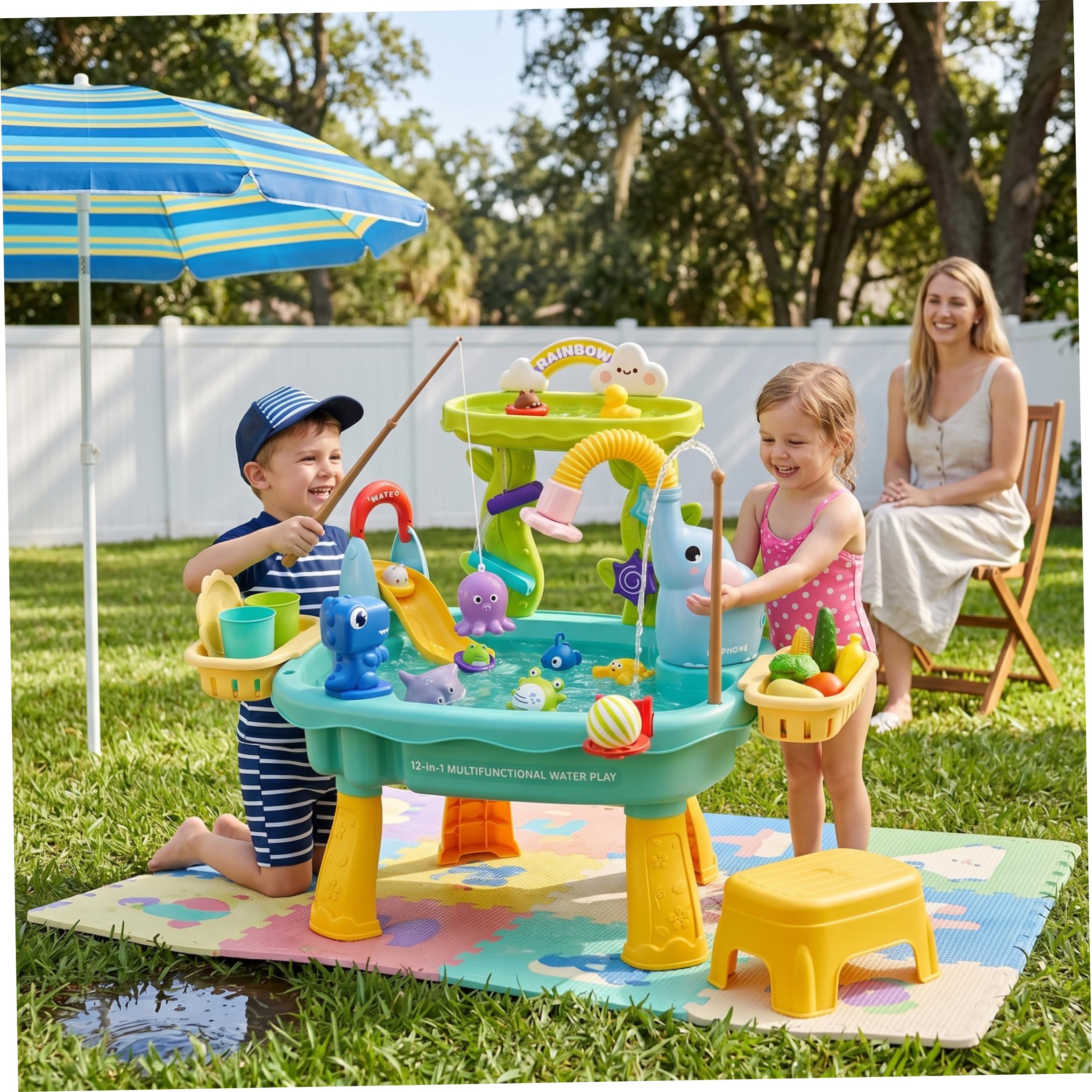 Évier de Jeu avec Eau Courante, Table à Eau pour Enfants avec 12 Modes de Jeu Amusants, Jouet interactif pour Tout-Petits - Bleu