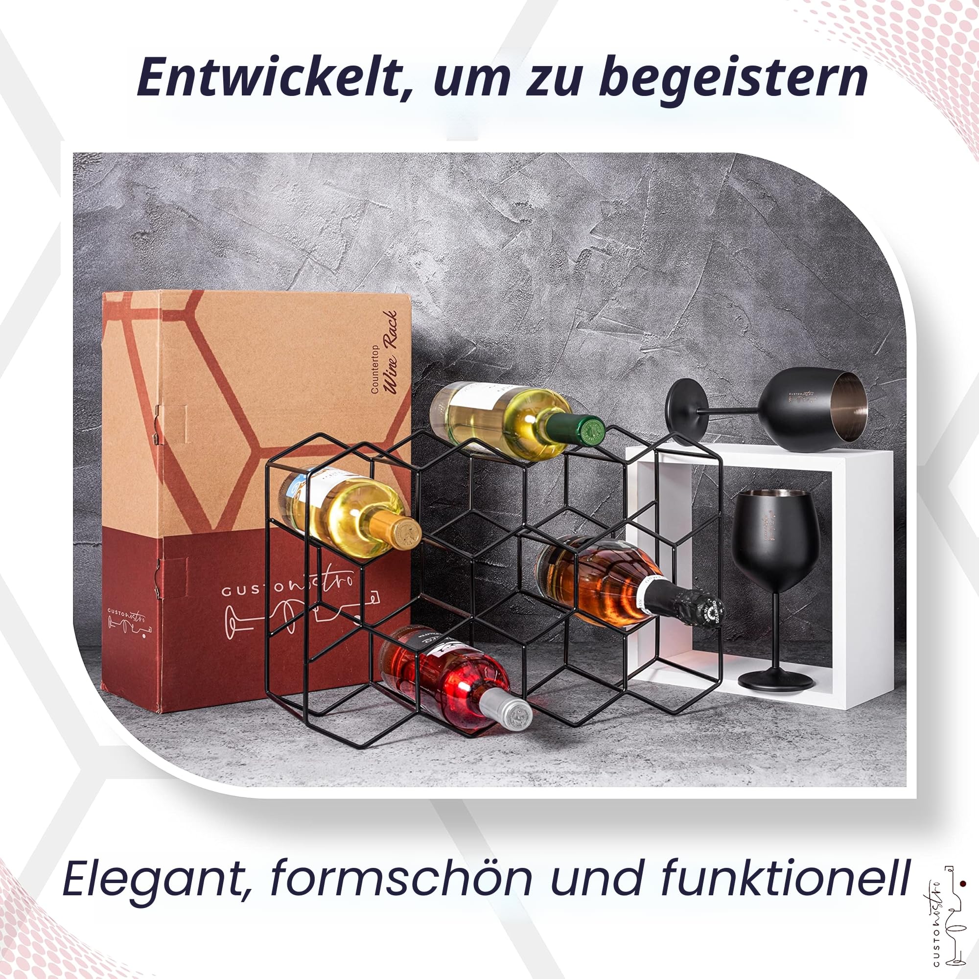 Gusto Nostro Weinregal für den Tisch - Modernes Schwarzes Metall-Weinregal für 14 Flaschen - 3-Stufiges Flaschenregal für Tisch, Schrank & Speisekammer - Keine Montage Erforderlich
