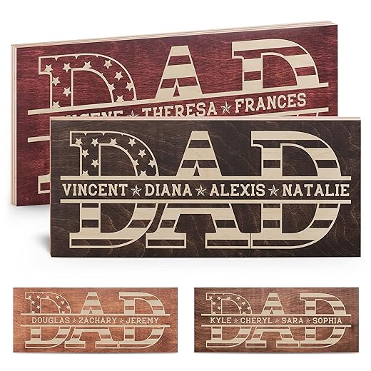 Christmas Gifts for Dad from Daughter, Personalized Dad Wood Sign with Children Names | USA Flag - 5 Wooden Colors | Custom Wood Sign Gifts for Dad, Dad and Children Plaque Wall Decor