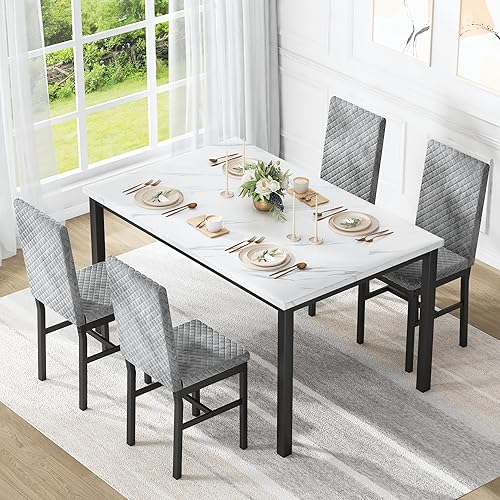 Miniatura 2 de Recaceik Juego de mesa de comedor para 4, moderno juego de mesa de comedor de 5 piezas de mármol sintético y 4 sillas tapizadas de terciopelo, juego