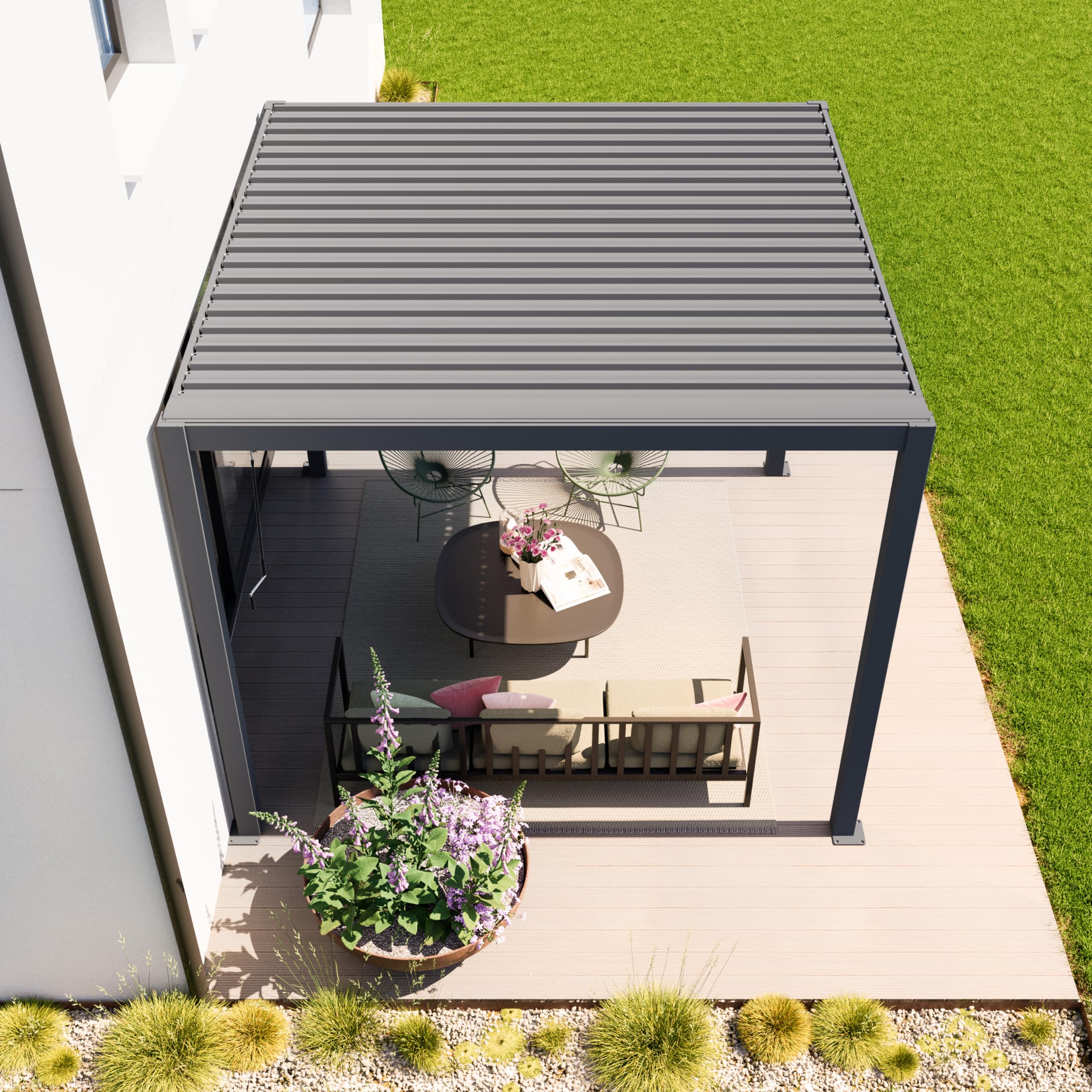 PRIMEYARD Pergola 3x3 m słupy aluminium z dachem z listew stalowych szara osłona tarasu