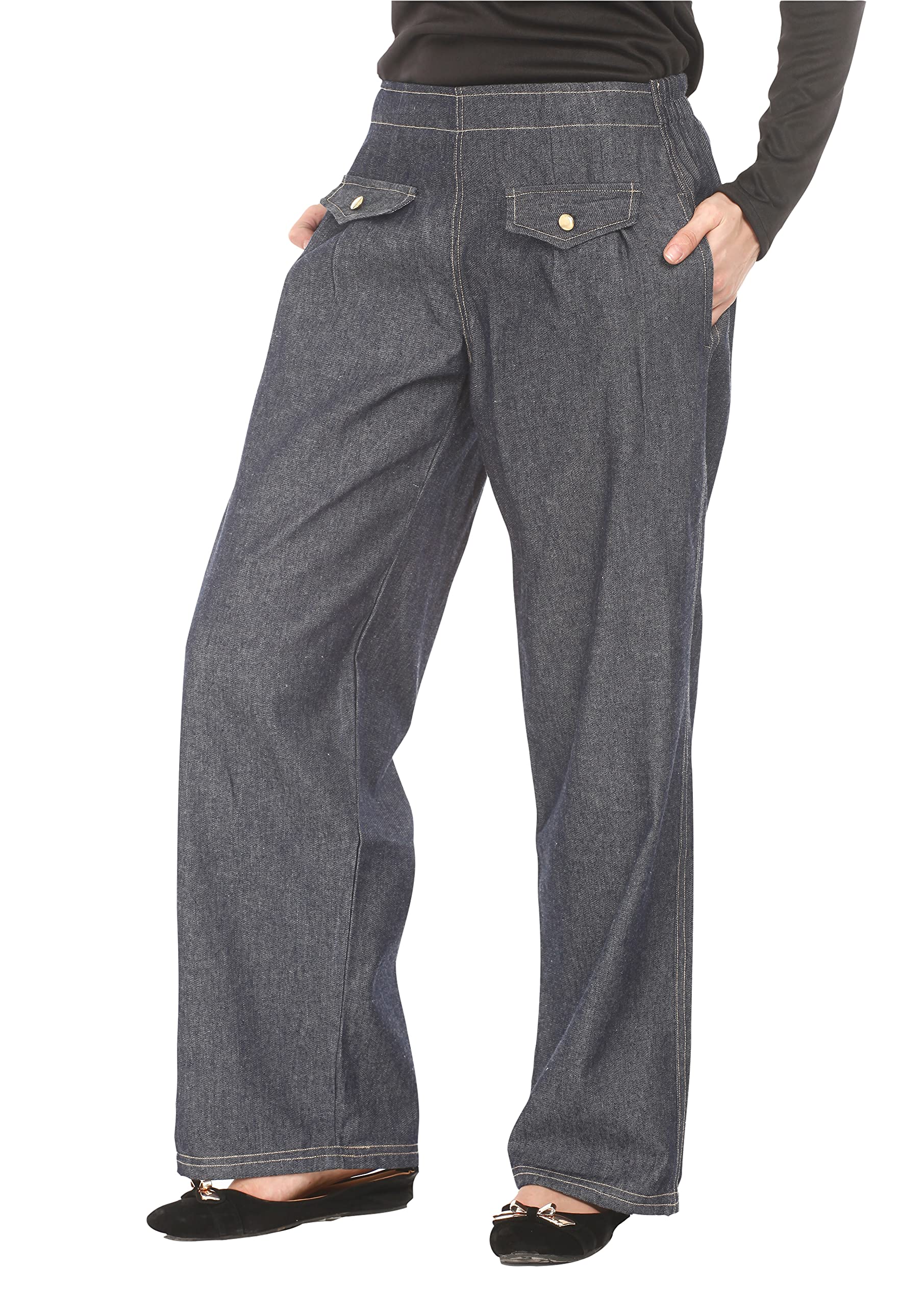 LA KASHAWomen Denim Blue Straight Pants with Side Pockets