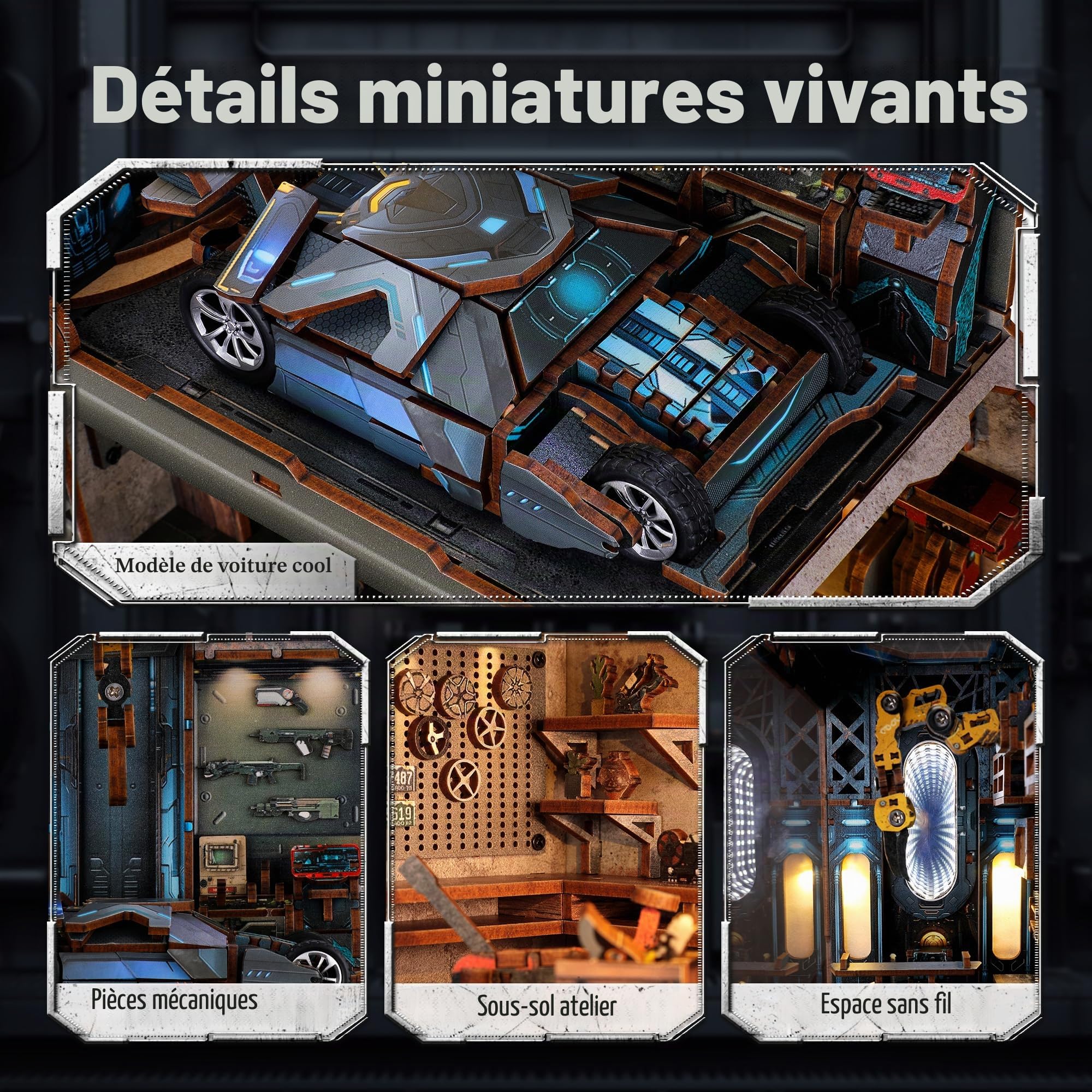 FUNPOLA Puzzle 3D en Bois Book Nook Kit, Maquette en Bois à Construire Atelier Automobile Miniature avec lumières LED, modèle de Garage mécanique pour Adultes (14+)