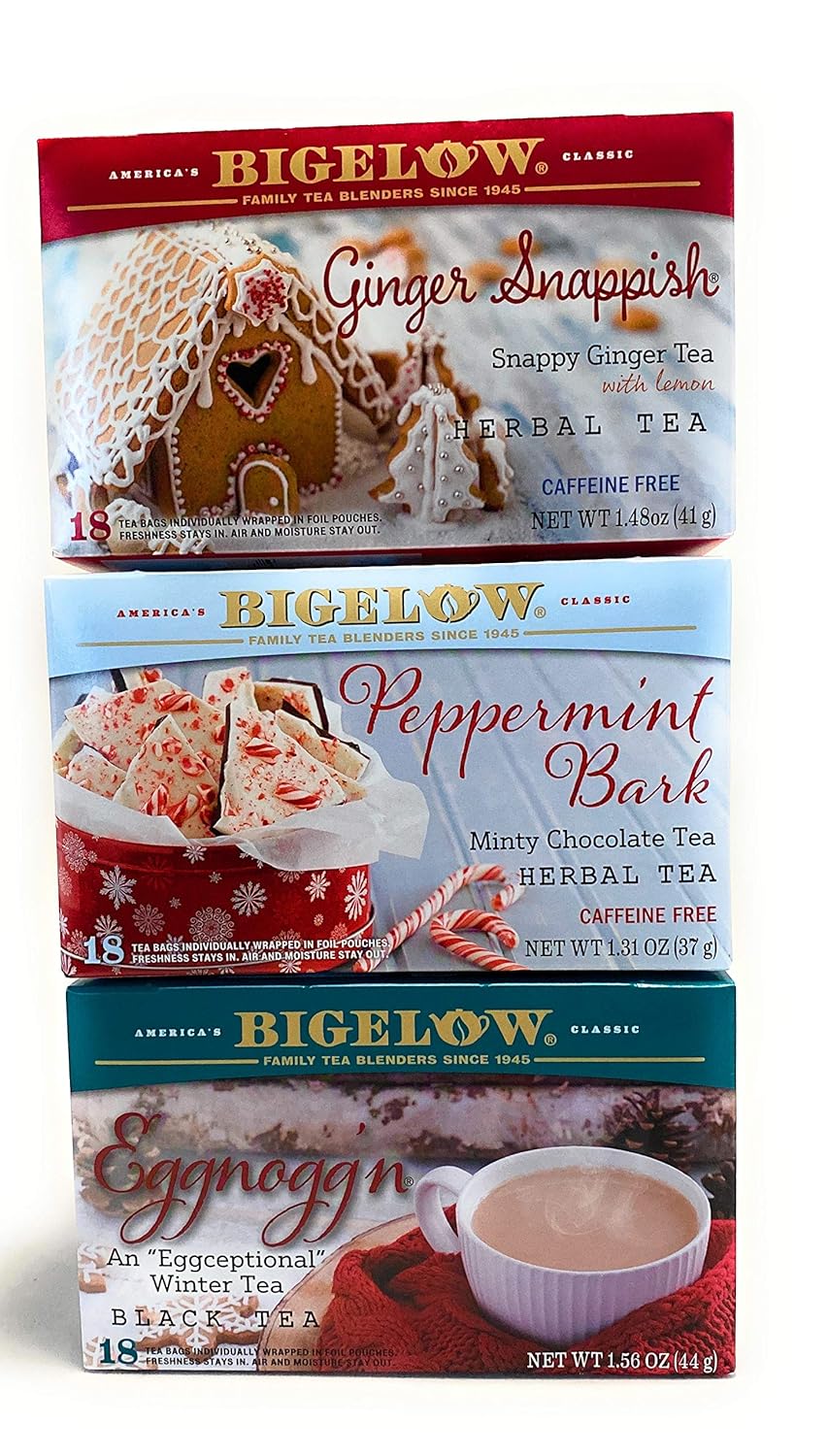Eggnogg'n, Ginger Snappish, and Peppermint Bark Flavors - Variety Bundle of 3 Bigelow Holiday Tea - 54 Total Tea Bags