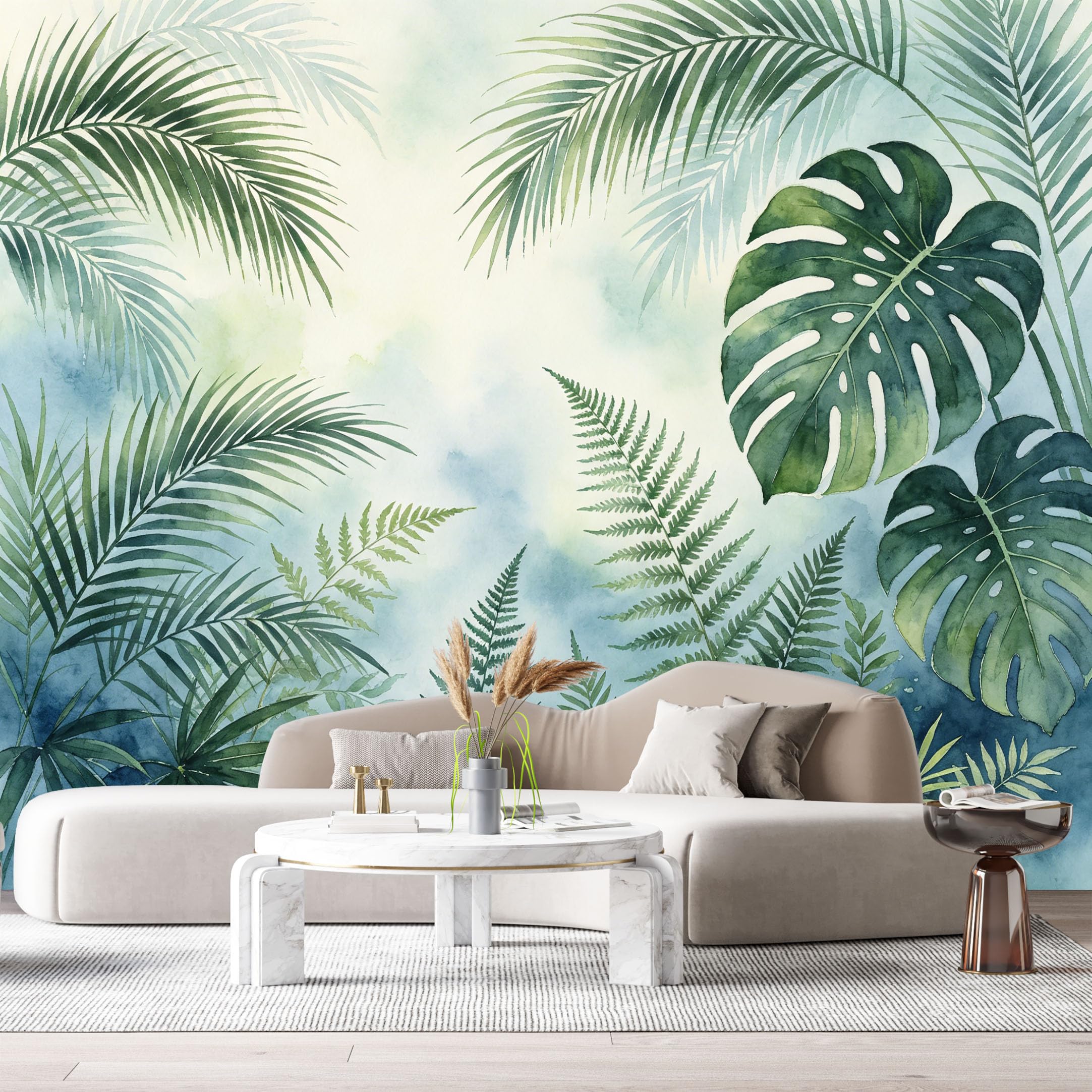 Custom Size Wall Murals Tropical Botanical Watercolor Monstera Palm Leaves Fern Jungle SelfAdhesive Wall Fabric Removable Large Wallpaper for Photo Living Room