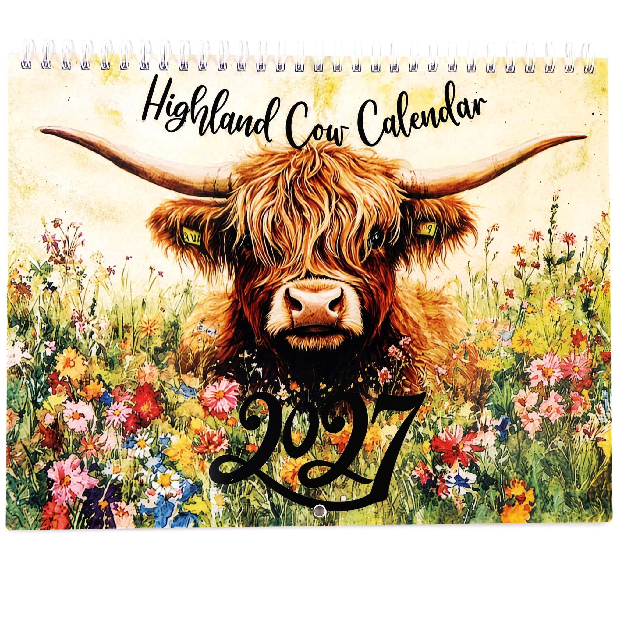 Highland Cow Wall Calendar 2027, Month To View Watercolour Floral Vintage Art Calendar, Scottish Farmhouse Countryside Animal Hanging Calendar Gift for Cow Lovers