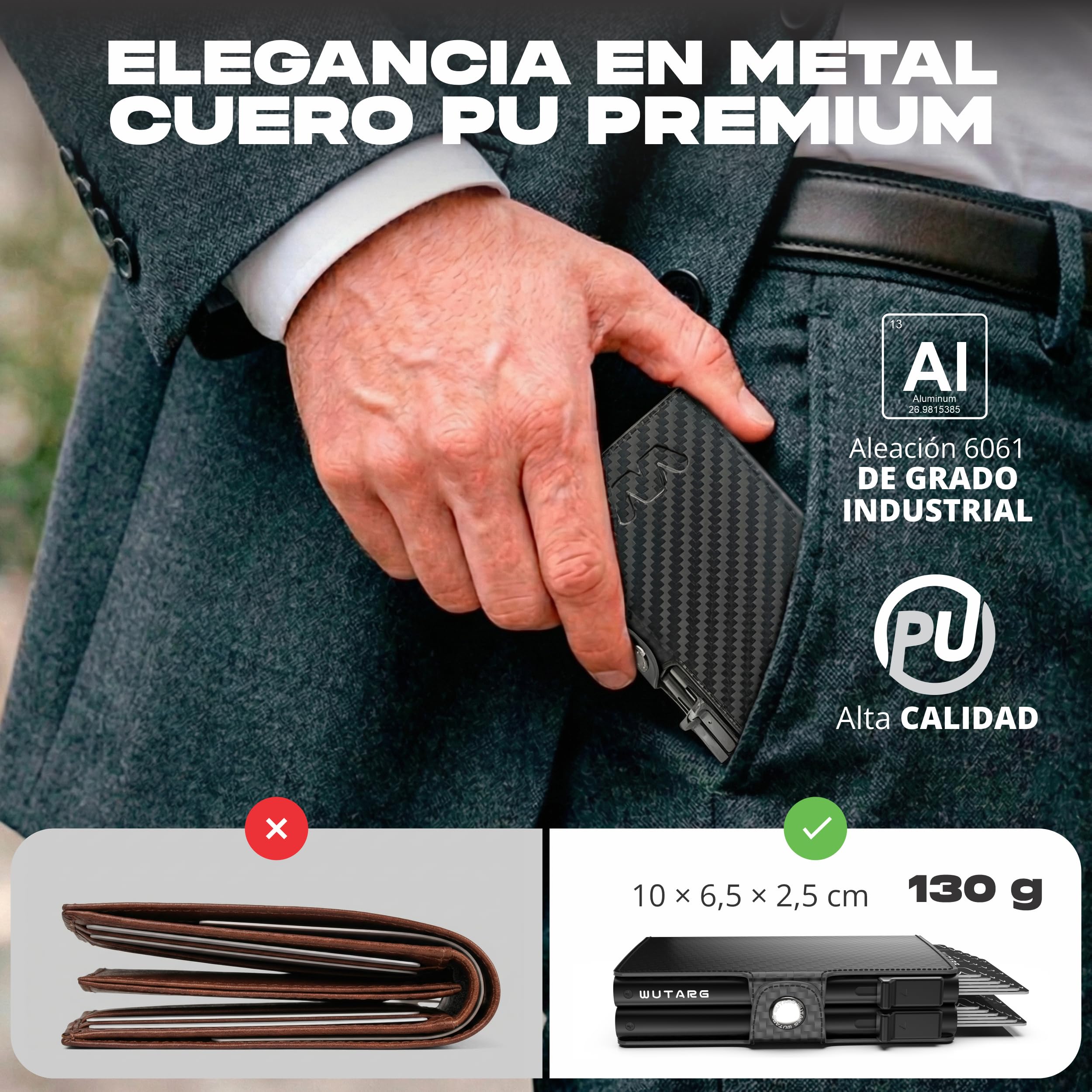 Tarjetero Hombre - Cartera Minimalista RFID NFC, Sistema Dual Slide, Metal, Cuero PU Premium, Billetera compacta antirrobo, Acceso rápido - 16 Tarjetas + 4 Billetes (Deluxe Carbon)
