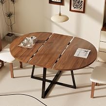 LYNCOHOME 43.3in-59in Round Extendable Dining Table for 4-8, Space Saving Modern Wood Kitchen Table with Metal Sturdy Base for Kitchen Living Room Walnut