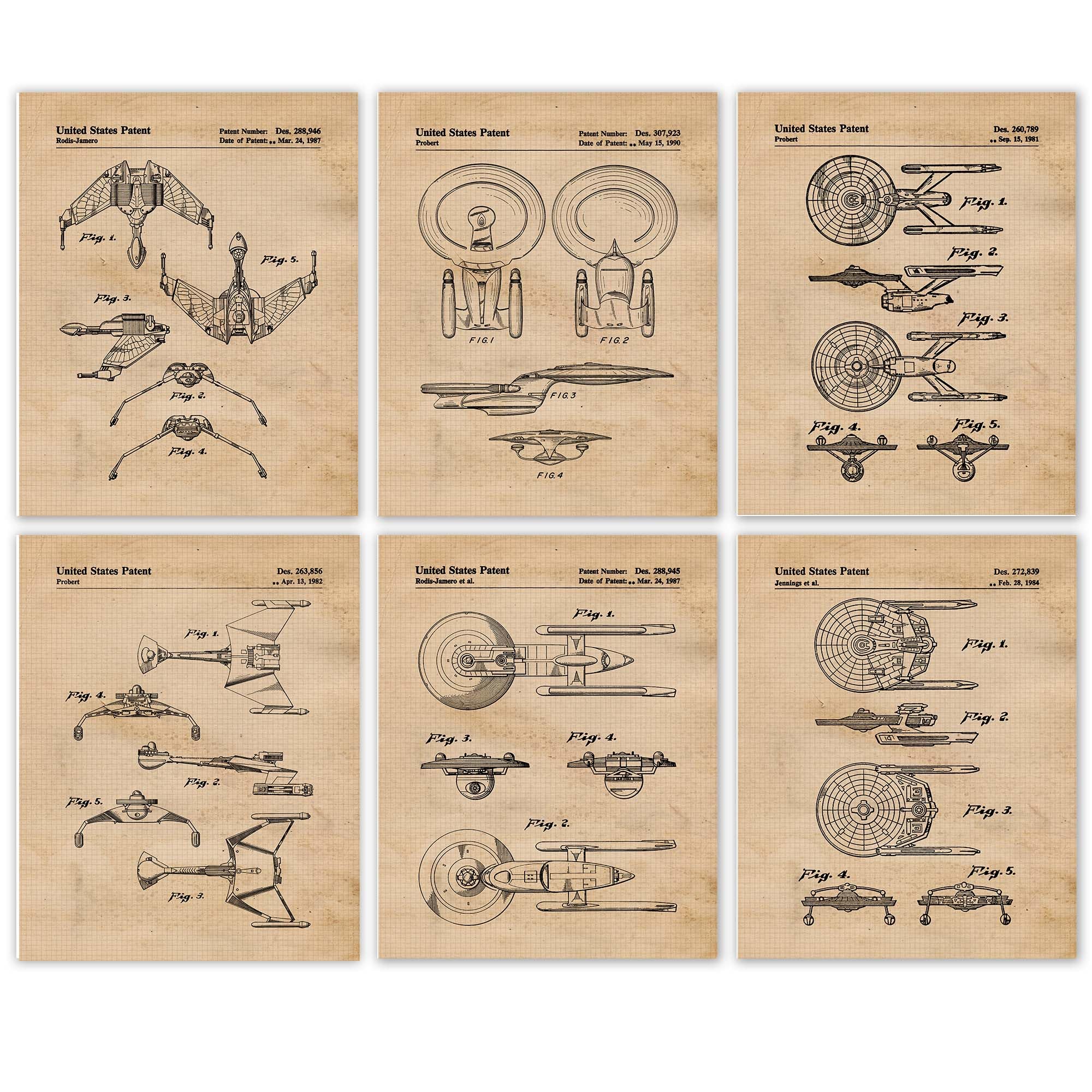 Vintage Star Space Vessels Patent Prints, 6 (8x10) Unframed Photos, Wall Art Decor Gift for Home Office Work Garage Man Cave Shop School College Student Teacher Coach ComicCon Trek Trekkie SciFi Gear