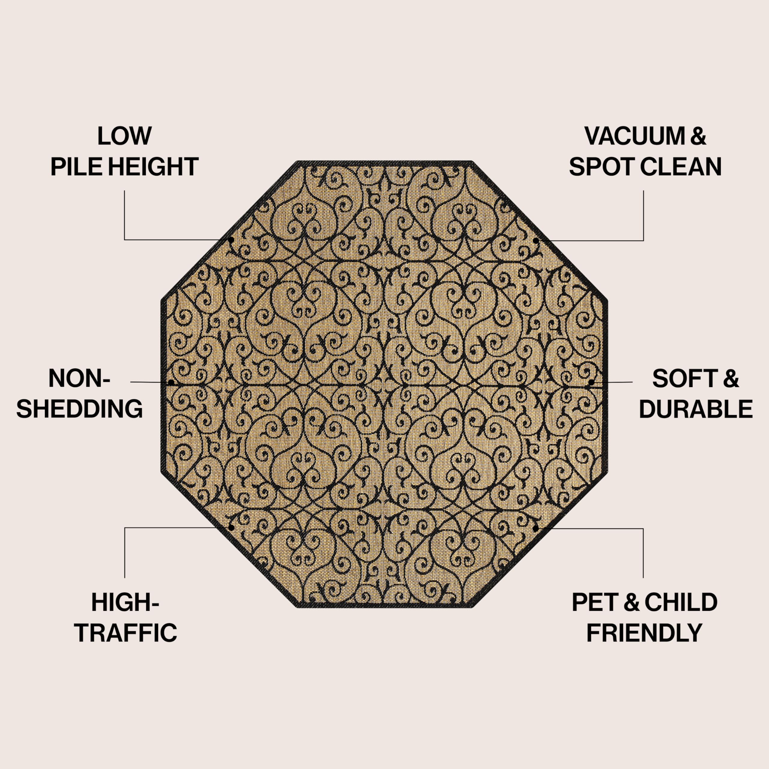 JONATHAN Y SMB107A-8TGN Madrid Vintage Filigree Textured Weave Black/Khaki 8' Octagon Indoor/Outdoor Area Rug, Non-Shedding, Stain Resistant, Fade Resistant, Easy-Cleaning for Backyard Patio, Porch