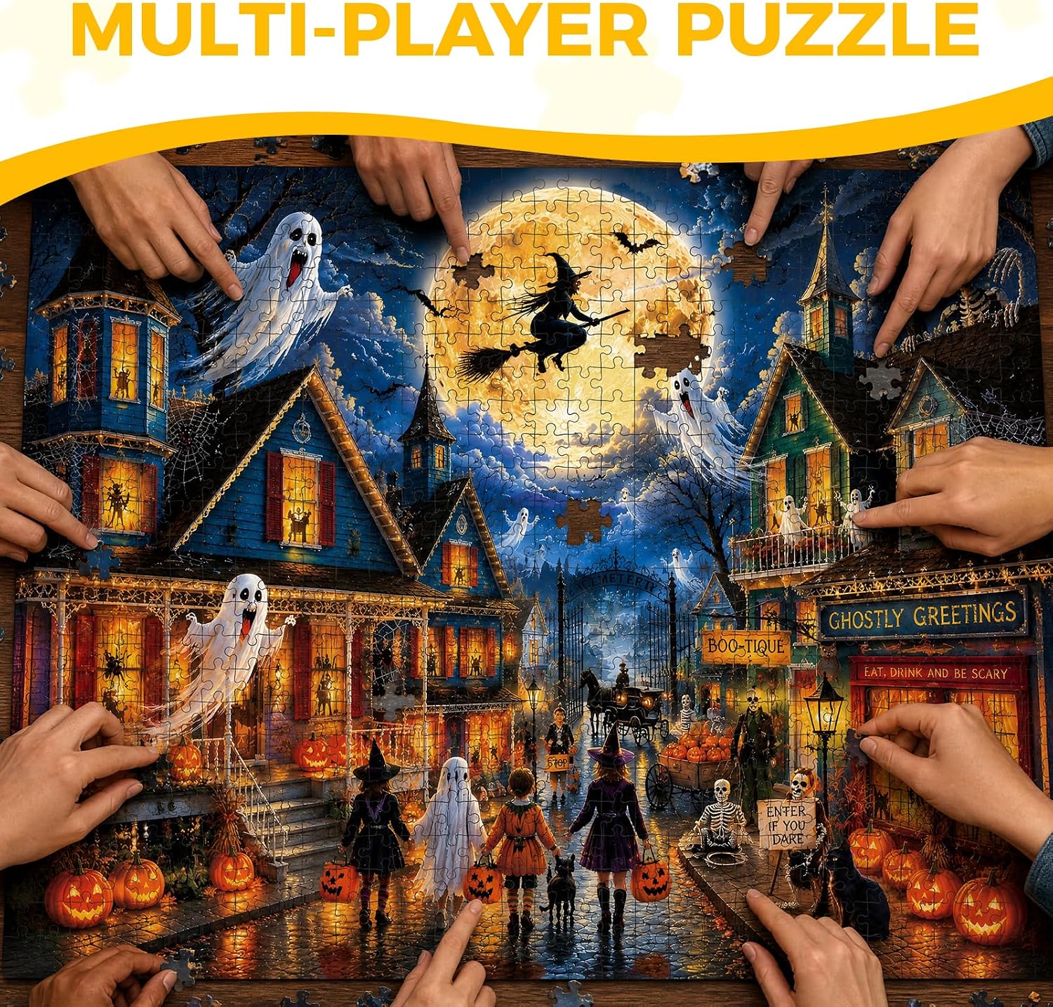 Spooky Halloween Town 2000 Piece Jigsaw Puzzle for Adults, Ghosts Witch image 4
