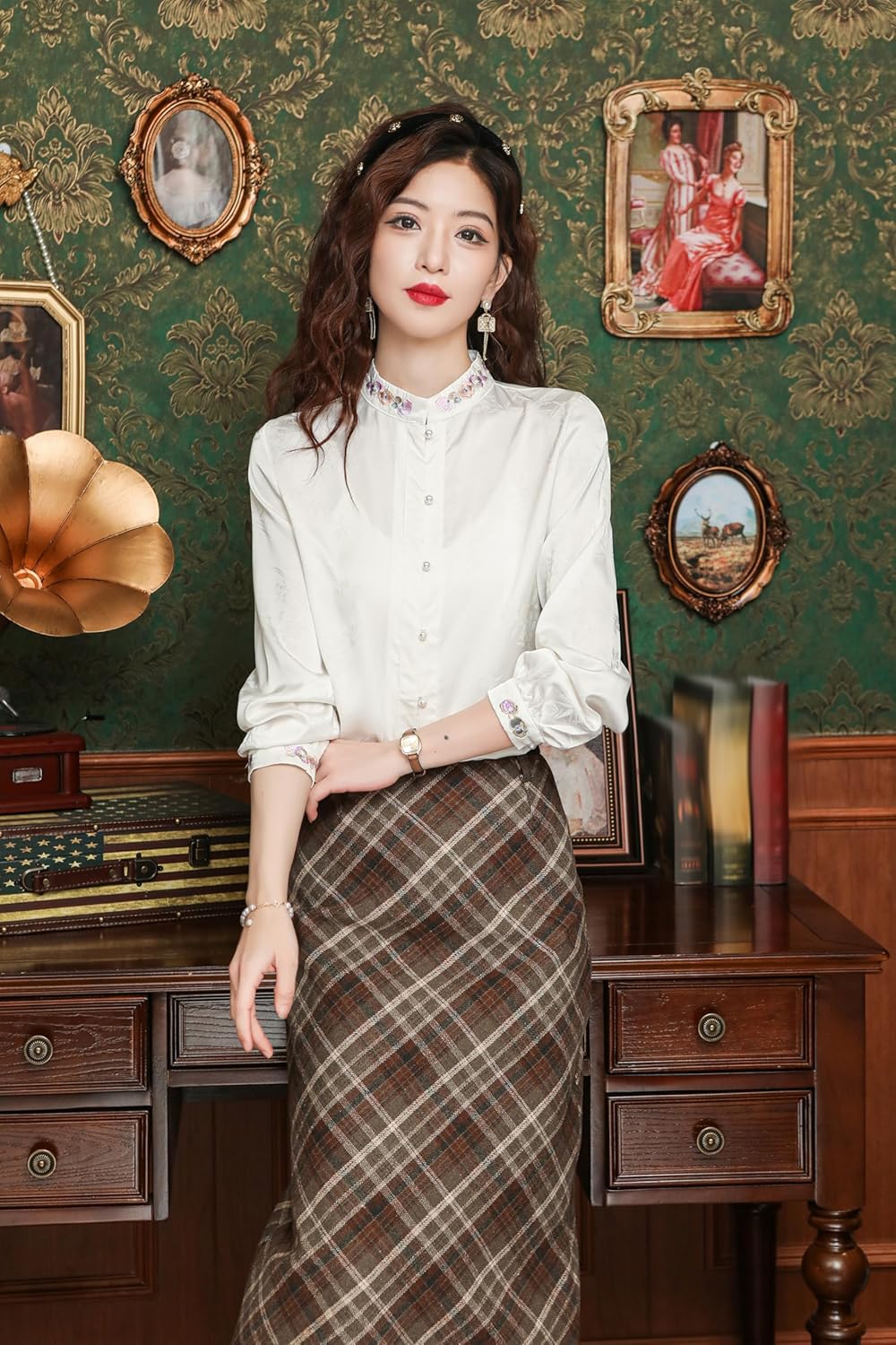 LAI MENG FIVE CATS Women's Vintage Silk Satin Top Embroidery Elegant Jacquard Long Sleeve Casual Blouses