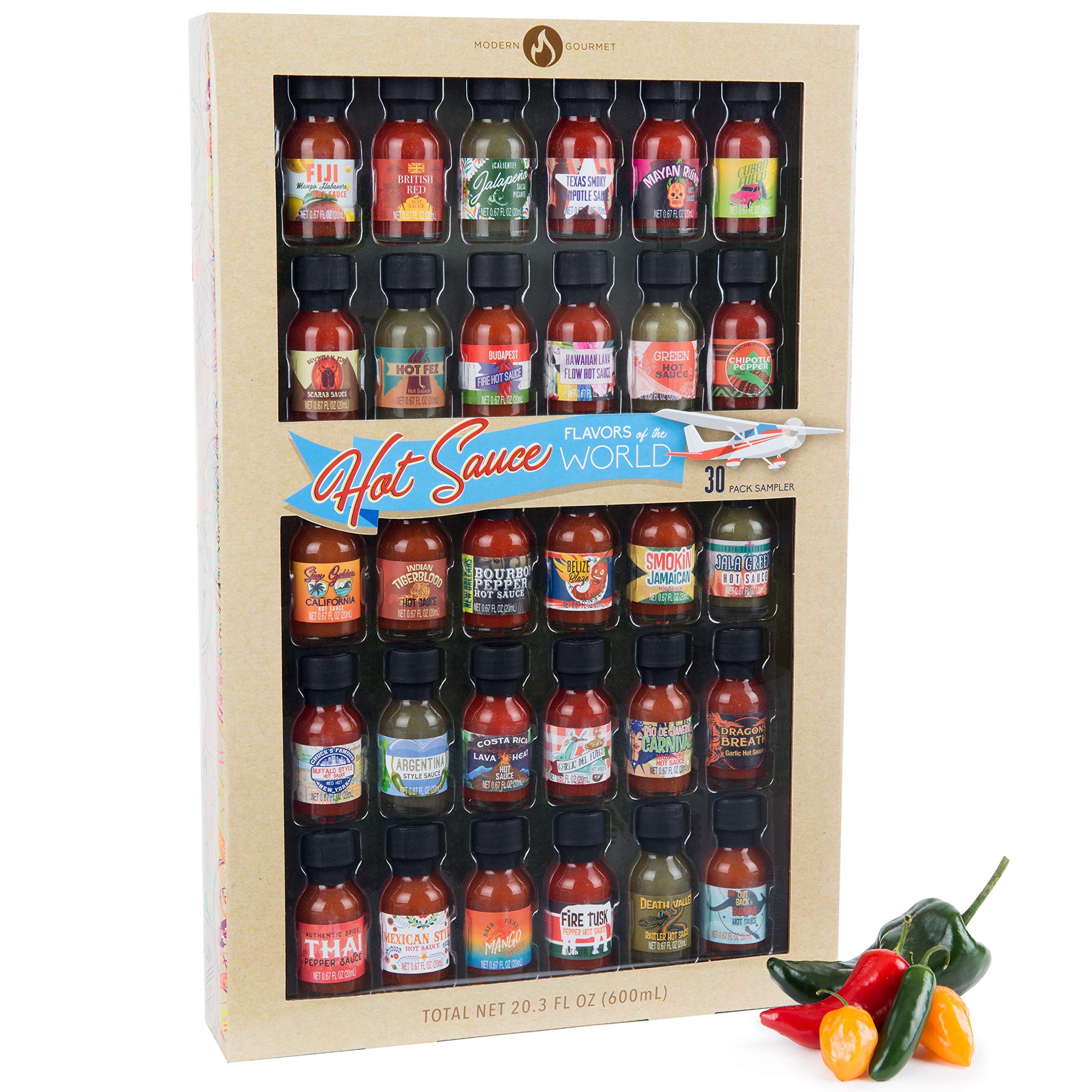 Thoughtfully Gourmet, Master Hot Sauce Collection Sampler Set, Flavors Include Garlic Herb, Apple Whiskey and More, Hot Sauce Gift Set of 30