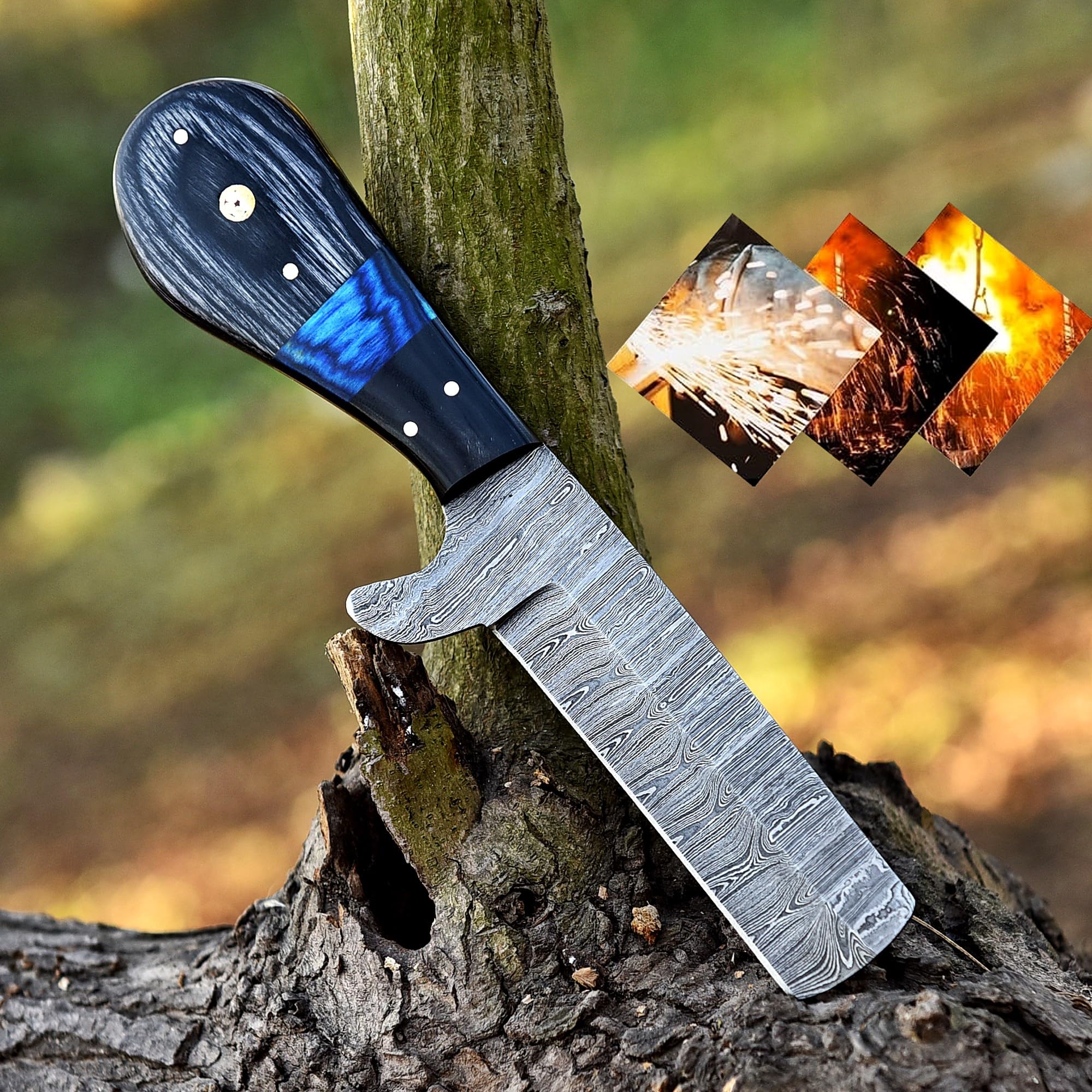 Handmade Damascus Bull Cutter Knife for Cowboy with Leather Sheath- Handcrafted Fixed Blade Hunting Knife for Precision Cutting