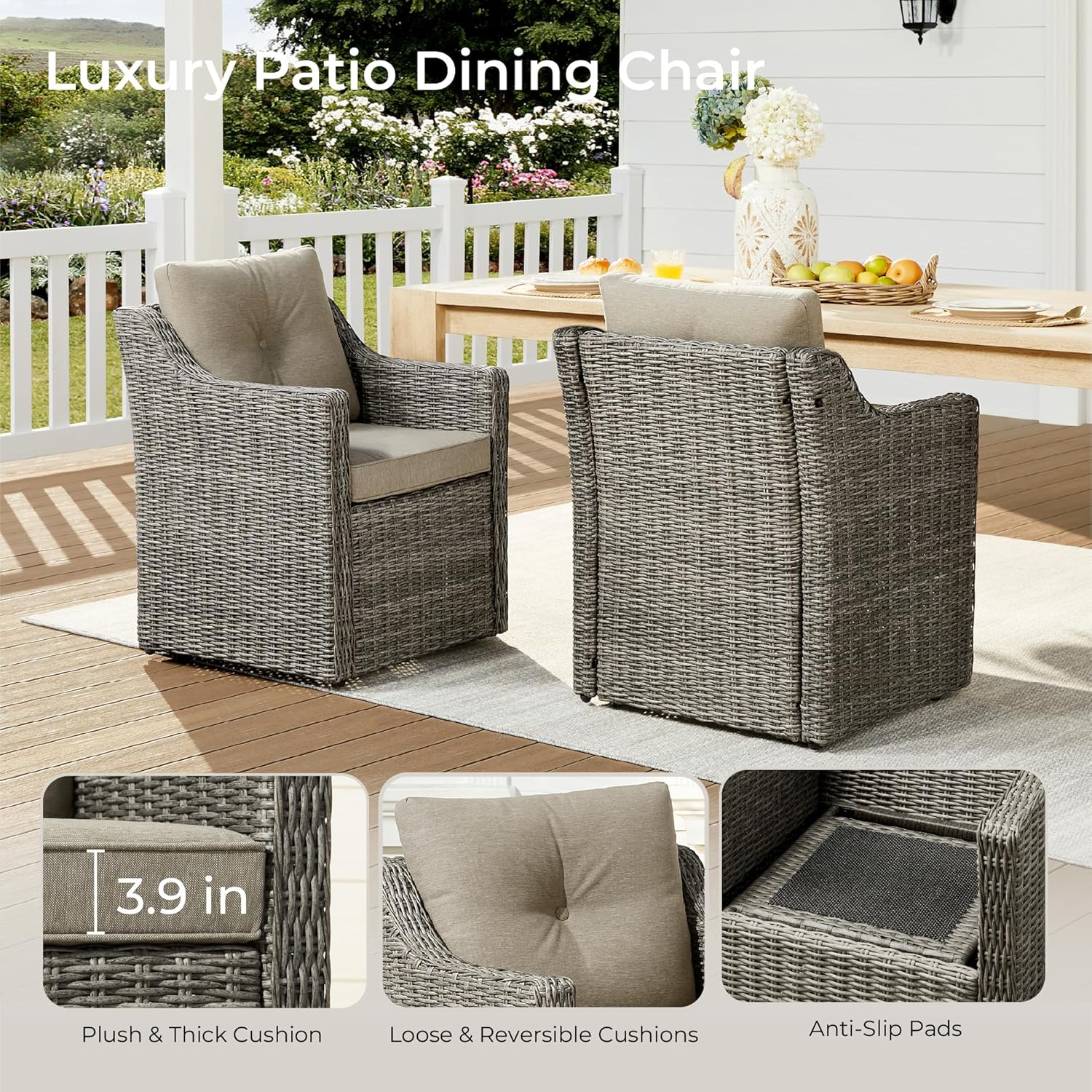 CHITA Wicker Patio Dining Chairs with Casters Set of 2, Outdoor Rattan Chairs with Thickened Cushions and Rollers for Backyard, Poolside, Garden or Porch(Brownish Grey Cushions with Grey Wicker)