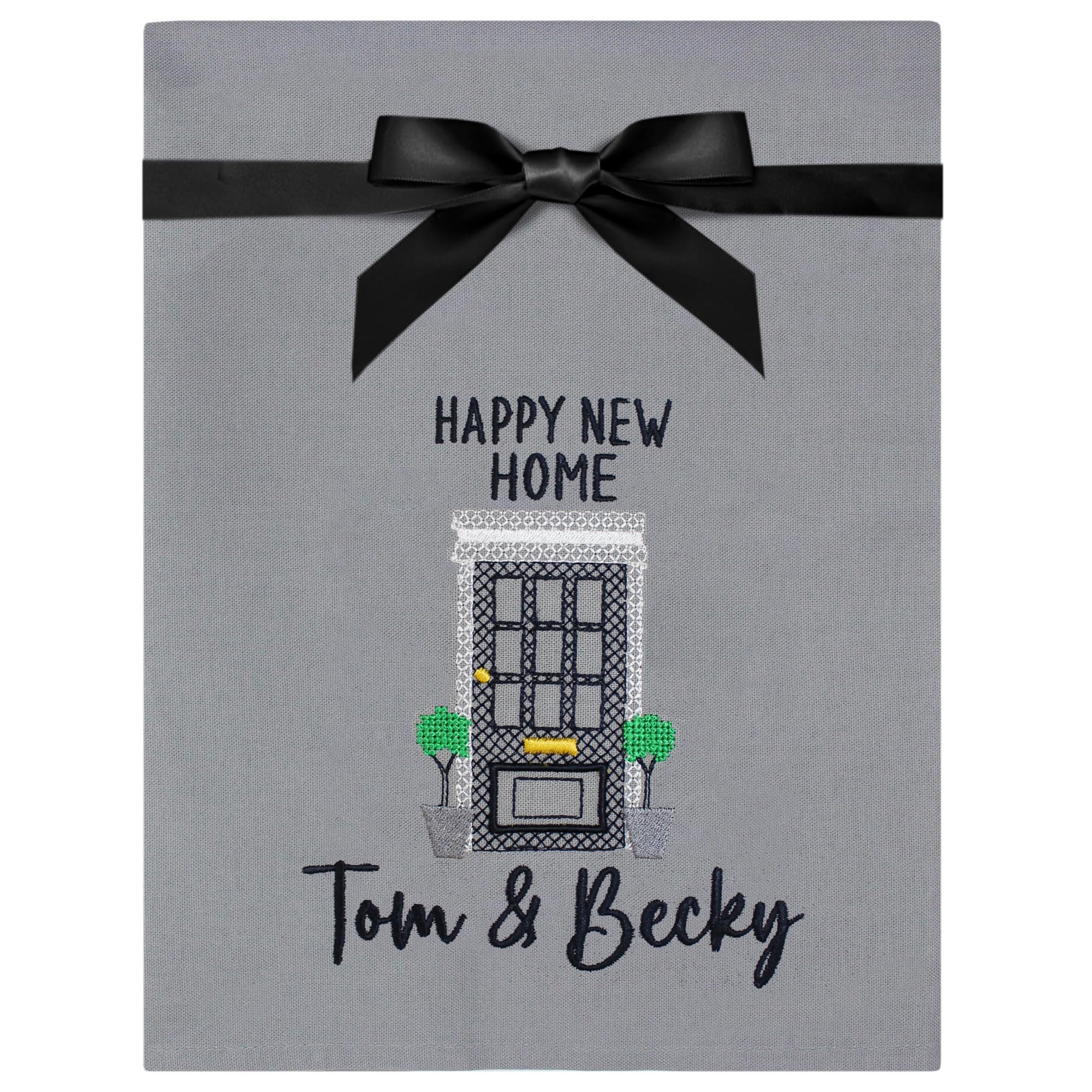 TeddyT's Personalised New Home Embroidered Grey Cotton Tea Towel