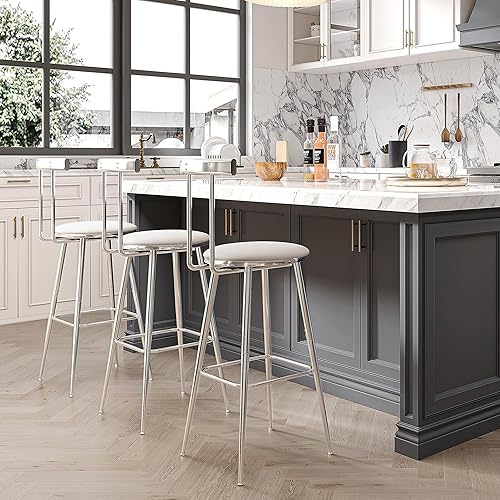 Miniatura 2 de Taburetes de bar, juego de 2 taburetes de cocina altos, sillas de bar con respaldo y reposapiés, taburetes industriales con asiento suave de PU,