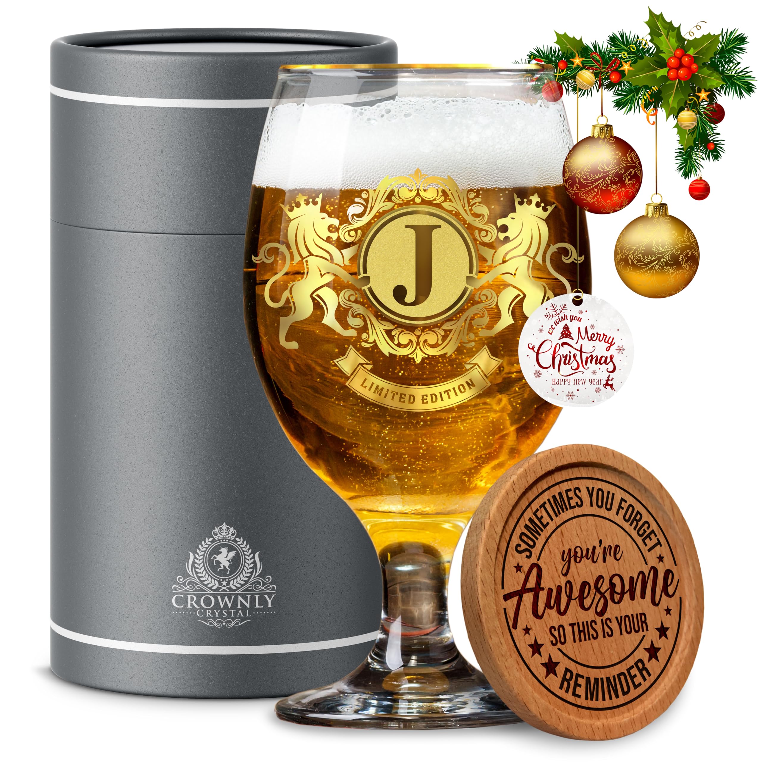 CROWNLY CRYSTAL® Personalised Beer Glass Gift for Men Dad Grandad Boyfriend Birthday Gifts Husband Uncle Presents (J)