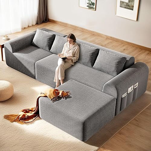 Vista 9 de Sofá modular Cloud con 2 otomanas y 3 almohadas, sofás sin hueso para sala de estar, sofá seccional en forma de U, asiento profundo, cómodo sofá Azul