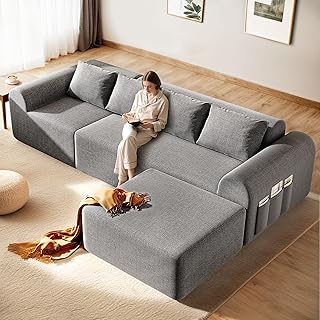 105.5” Cloud Boneless Sectional Sofa for Living Room, L-Shaped 4-Seater Modular Couch with Ottoman & 4 Pillows, Deep Seat Chenille Fabric Sofa, No Assembly, 72H Full Restore, Lighr Grey