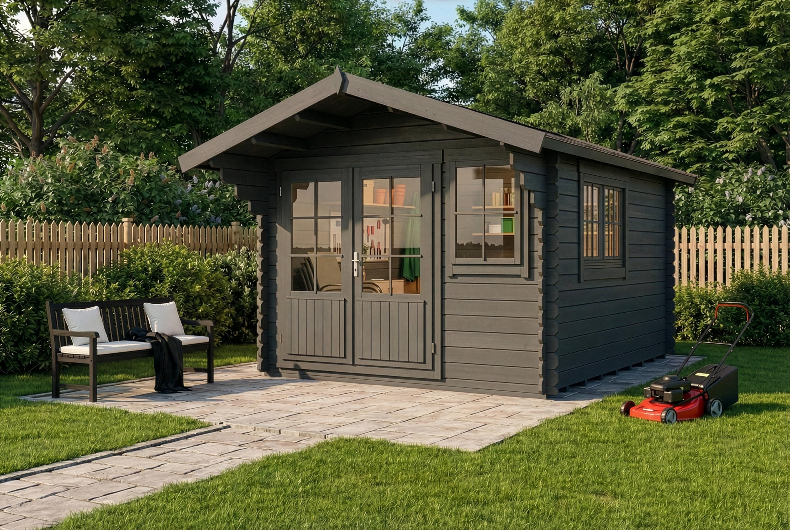 Alpholz Gartenhaus Gabriel 338x467cm mit 34 mm Wandstärke in Imprägnierung Grau inkl. Fußboden
