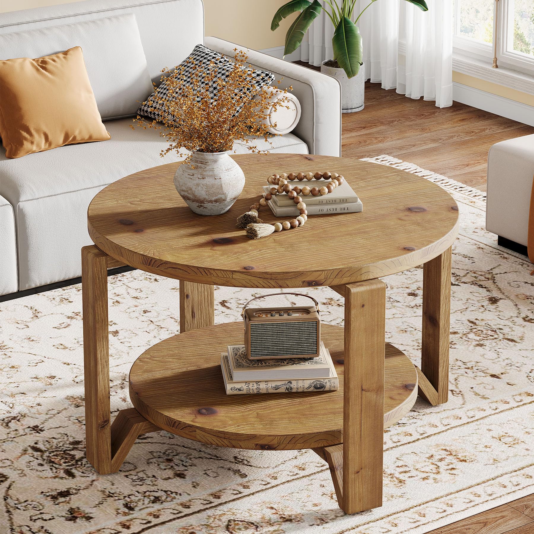 Tribesigns Mesa de Centro Redonda de Madera Maciza, 80cm Mesa Centro Madera de 2 Niveles con Estantes de Almacenamiento, Moderno Acento de Madera Central para Sala de Estar, Oficina en Casa, Marrón