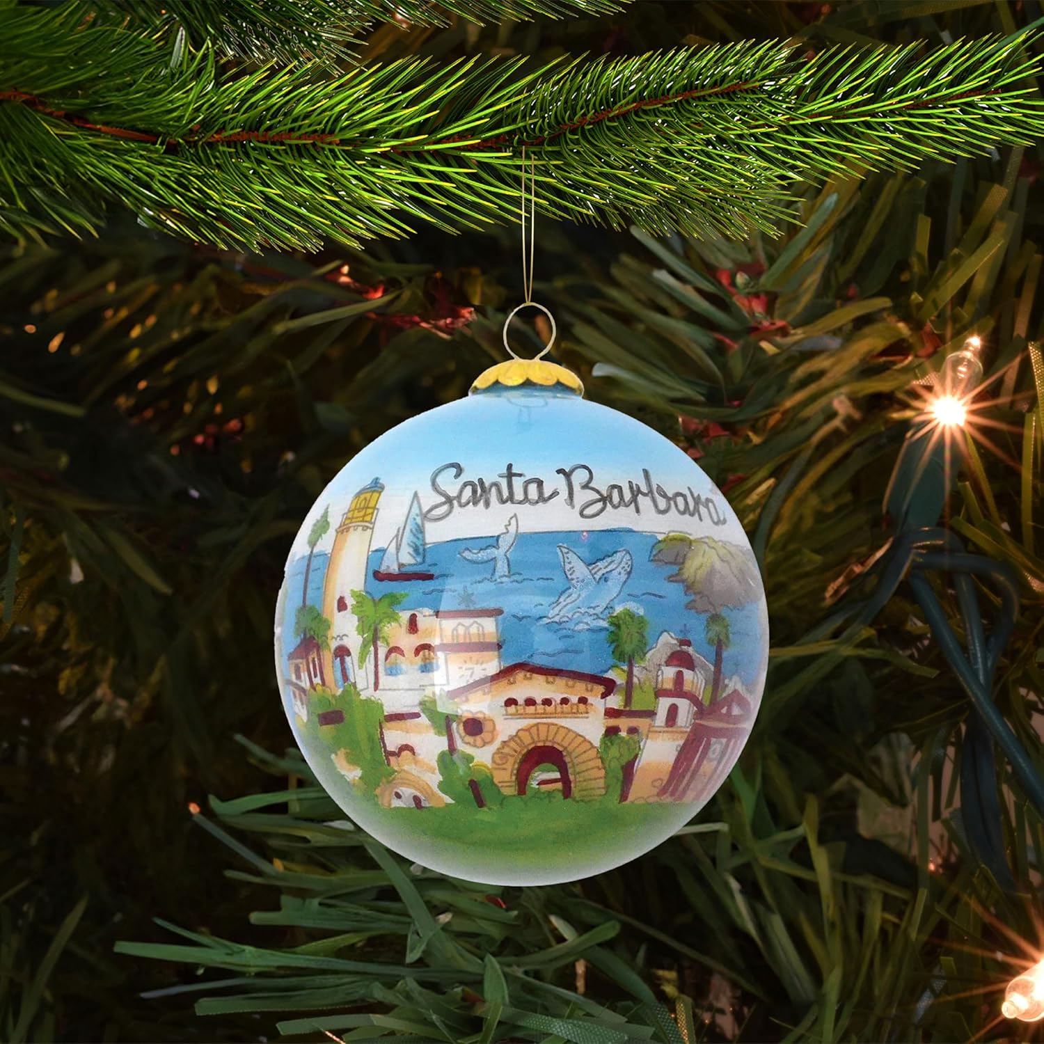 Blown Glass Christmas Ornament |Santa Barbara | Hand Painted Inside | Original Art | Includes Gift Box