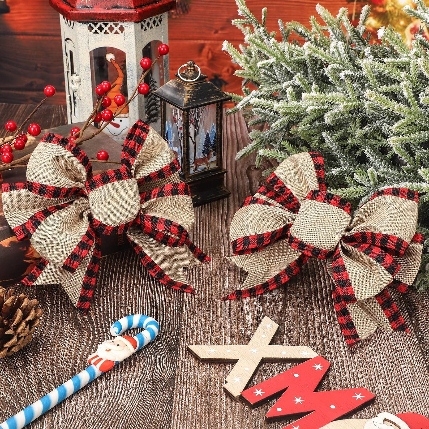 Geosar 4 Pcs 6in Christmas Buffalo Plaid Bows Decor,Red and Black,Classic | Christmas Burlap Gingham Craft Bow, Xmas Tree Wreath Decor, Reusable, for Xmas Party Birthday Gift Wrapping, Farmhouse Ribbon