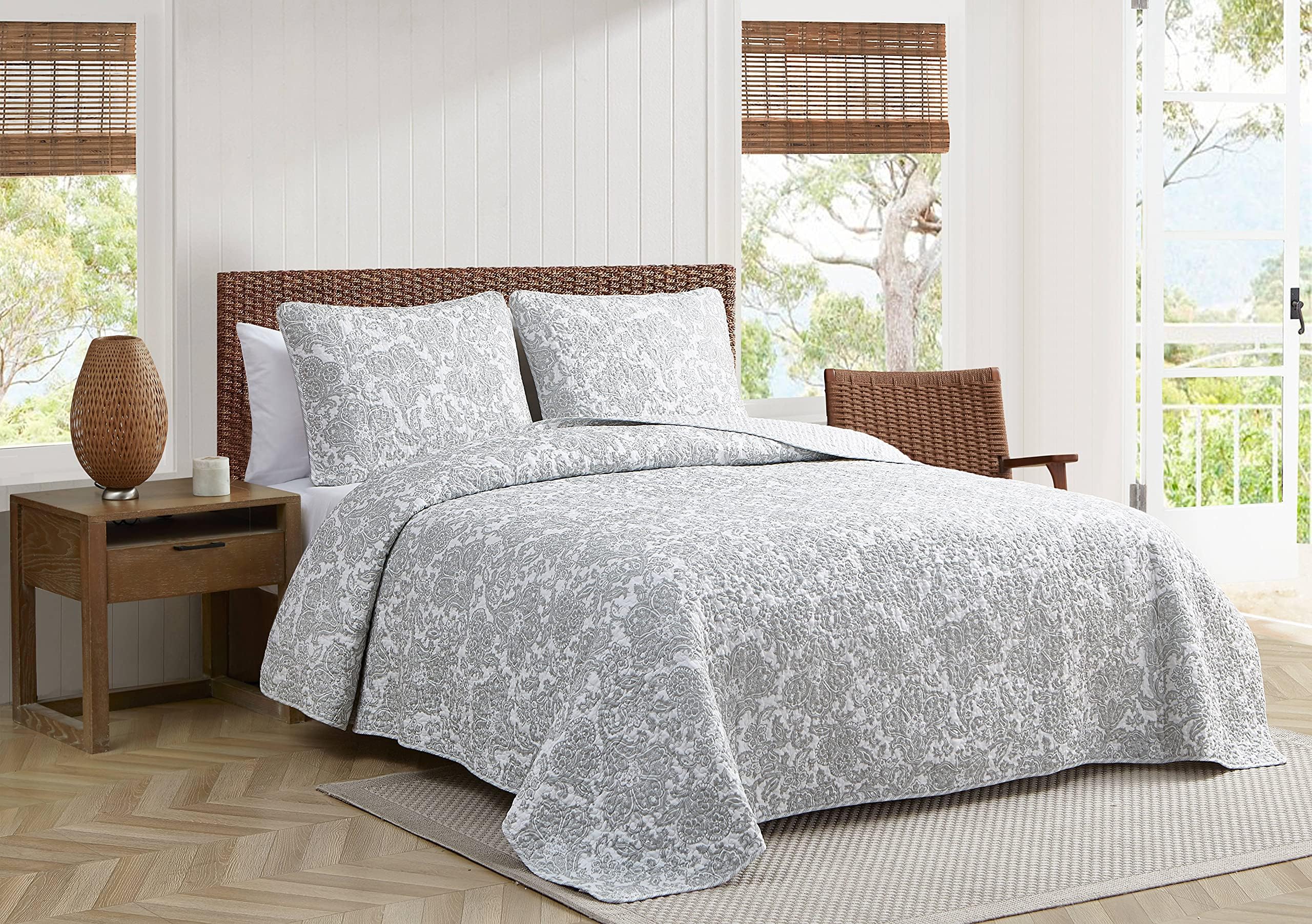 Tommy Bahama - King Quilt Set, Reversible Cotton Bedding with Matching Shams, Floral Bedding Set (Island Memory Grey, King)