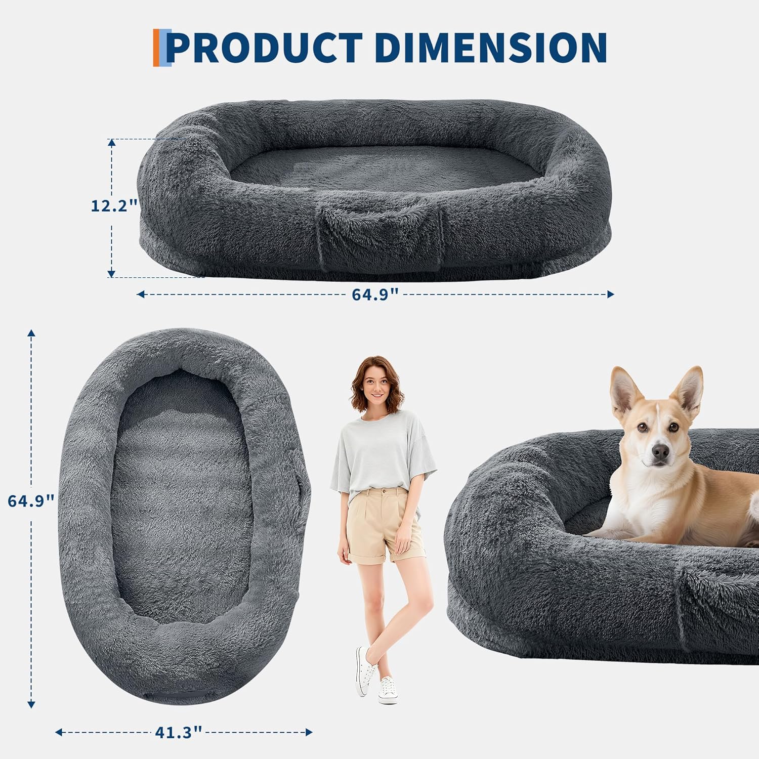 GarveeHome Human Dog Bed for Adult and Pets, No Assembly Required, Washable Fluffy Faux Fur, Napping Orthopedic Dog Bed with Side Pocket, Strap - Blue