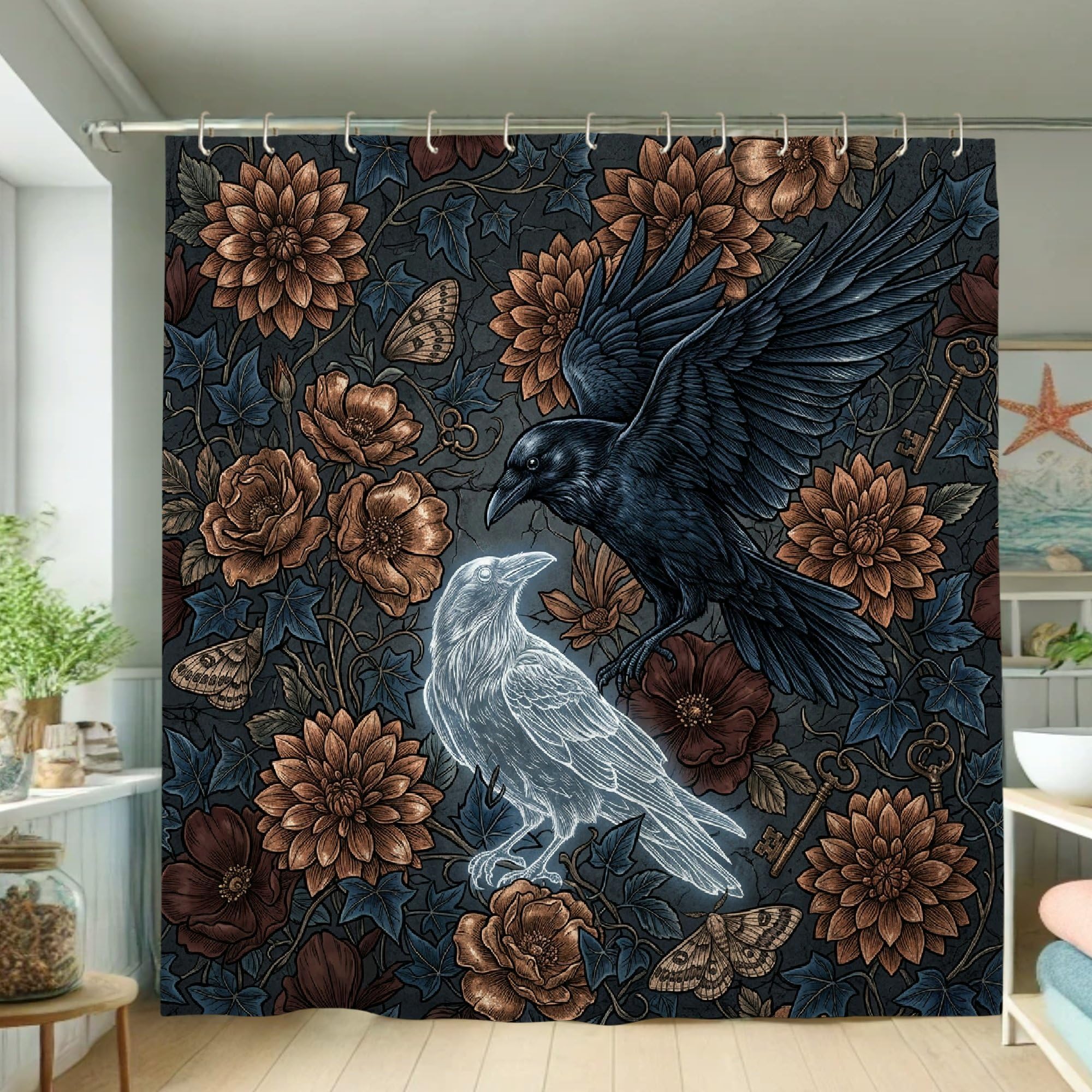 Rideau de douche corbeau en tissu lavable haut de gamme motif fleurs gothiques