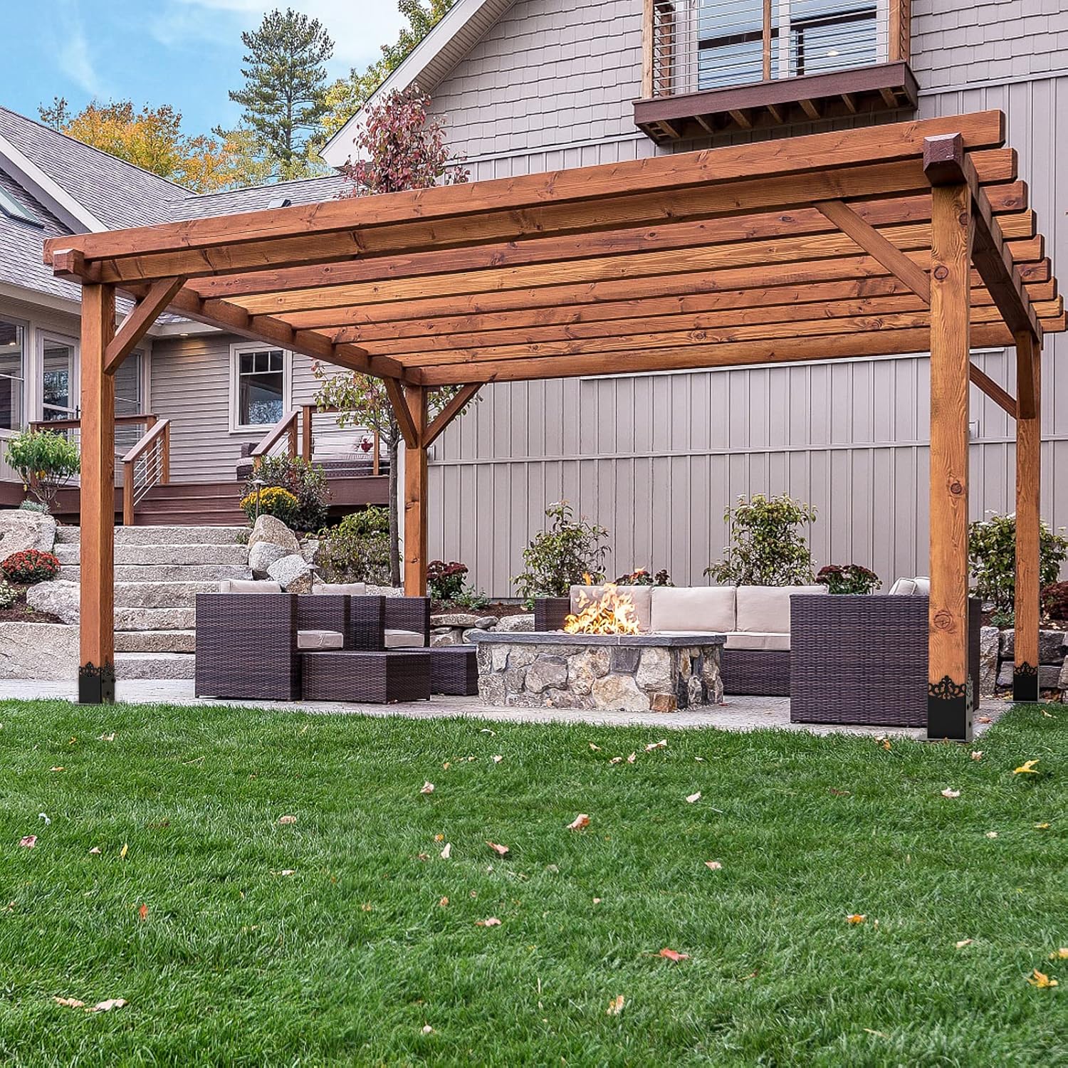 Insaga 4x4 Post Base 4PCS, Thick Steel 4x4 Post Bracket, (Inner Size 3.6'' x 3.6'') Pergola Bracket 4x4 with Coating, 4x4 Fence Post Anchor Decorated Deck Post Base, Deck Railing