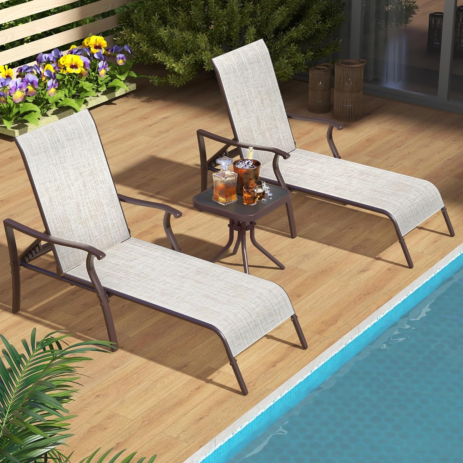 YITAHOME Pool Lounge Chair Set of 3, 2 Pieces Chaise Lounges Outdoor with Side Table, Patio Lounger w/5-Position Adjustable Backrest, Armrests, Weather Resistant & Easy to Assemble- Beige