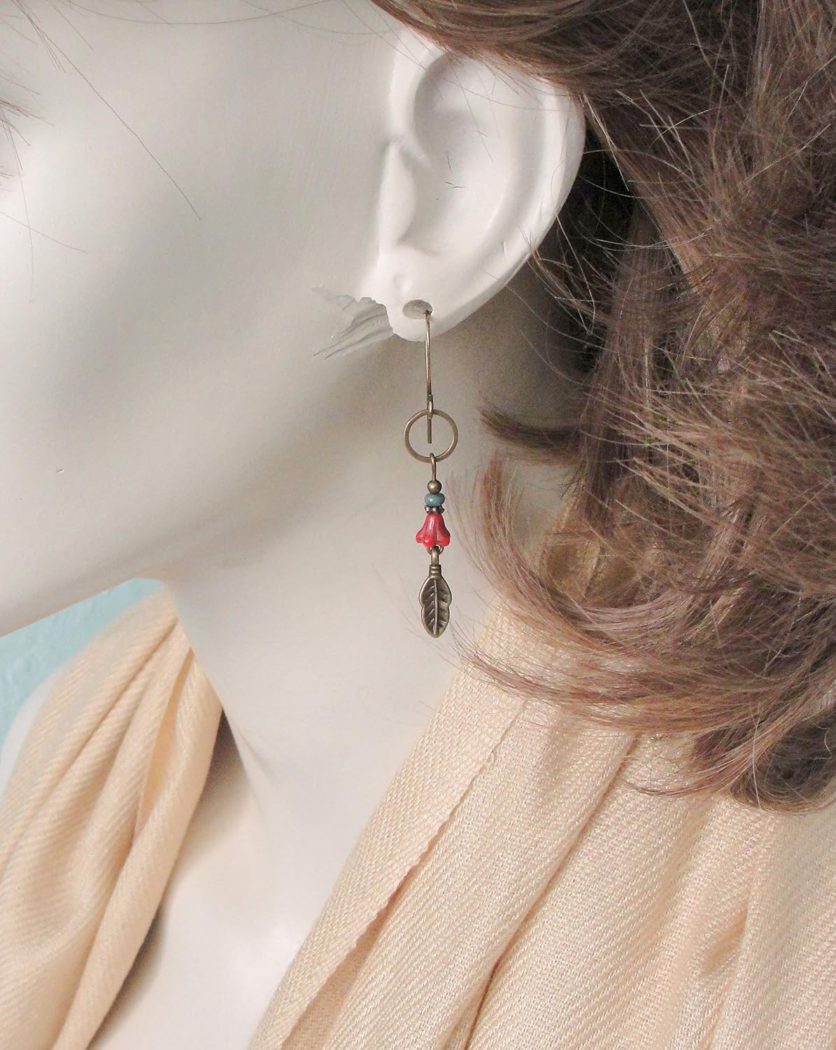 Handmade Boho Blue and Red Feather Dangle Earrings