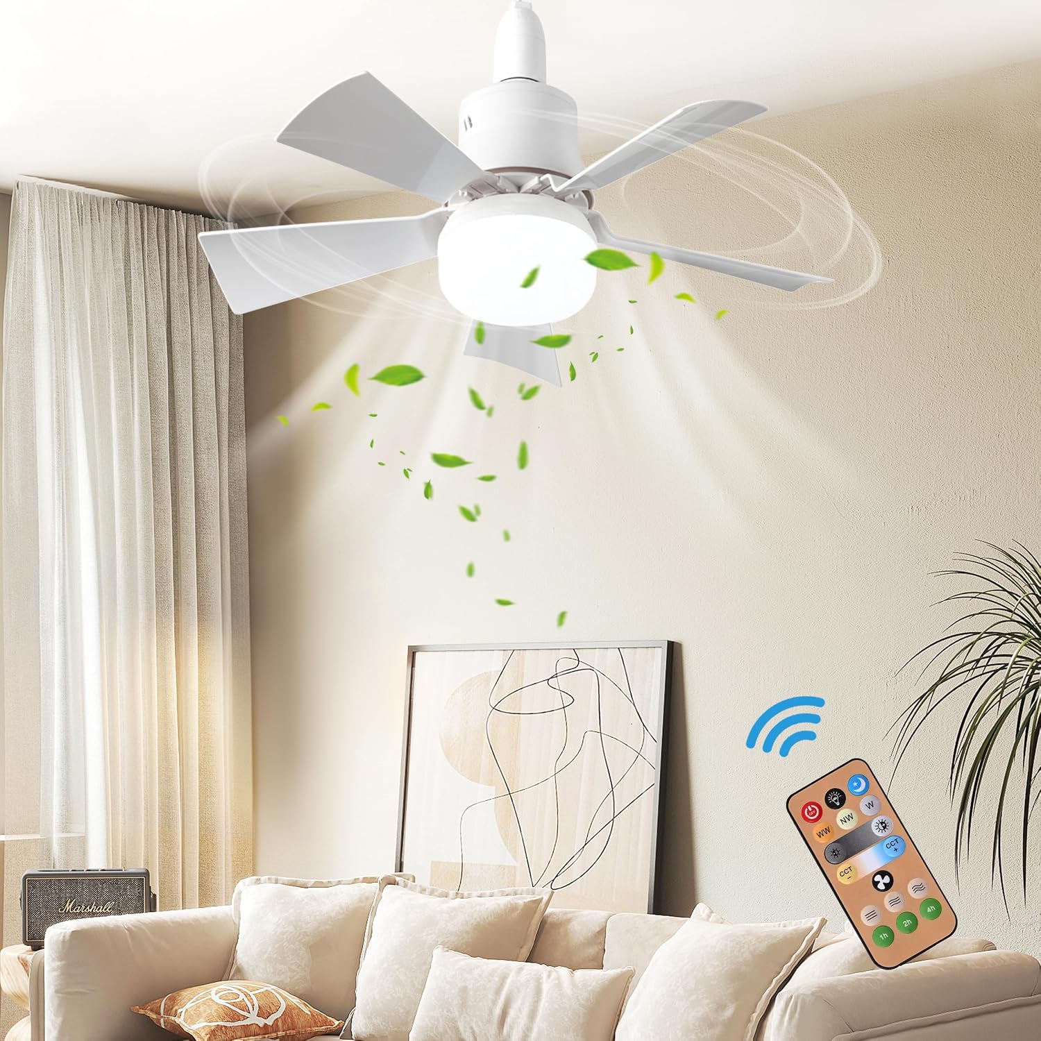 KEAGAN LED Ceiling Fan with Lights, E27 40W Ceiling Fan Lights with Remote Control, LED Dimmable, 3 Speeds, Timing, Modern LED Ceiling Light for Living Room Bedroom