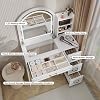 Makeup Vanity Desk with Mirror and Lights 3 Colors, Modern Dressing Table with Transparent Glass Tabletop, 4 Drawers, 3 Storage Shelves, Power Outlet, Vanity Table for Bedroom, Bathroom