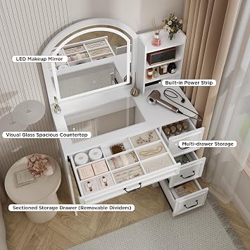 Makeup Vanity Desk with Mirror and Lights 3 Colors, Modern Dressing Table with Transparent Glass Tabletop, 4 Drawers, 3 Storage Shelves, Power Outlet, Vanity Table for Bedroom, Bathroom