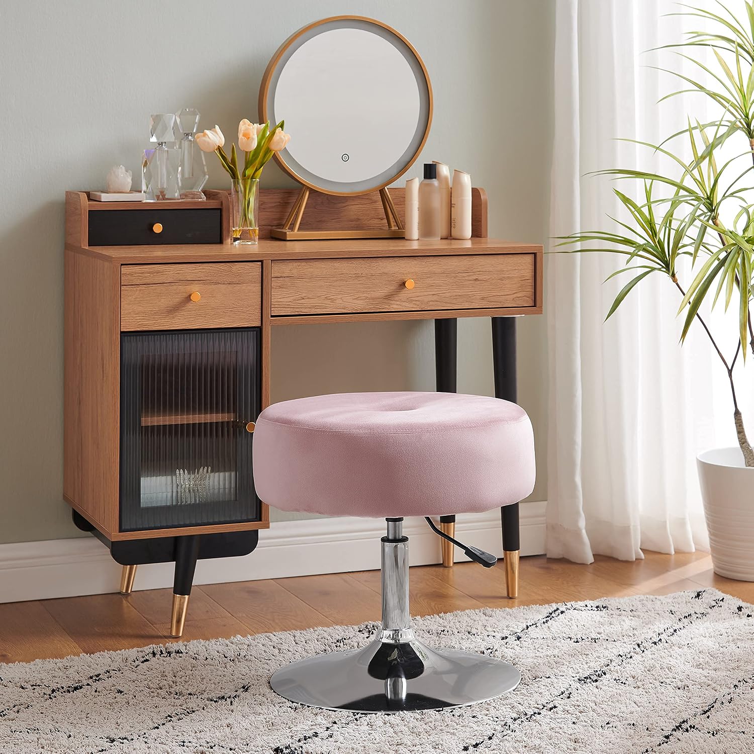 Art Leon Vanity Stool, Modern Large Round Swivel Adjustable Makeup Vanity Benche and Stool for Bathroom Bedroom, Blush Pink