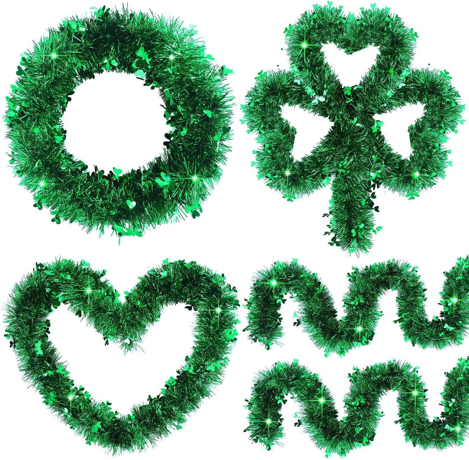 12 Pack Total 78.7 ft St. Patrick's Day Shamrocks Tinsel Garlands Green Clover Metallic Tinsel Garland St. Patrick's Day Decorations Hanging Garland for St. Patrick's Day Home Outdoor Decor
