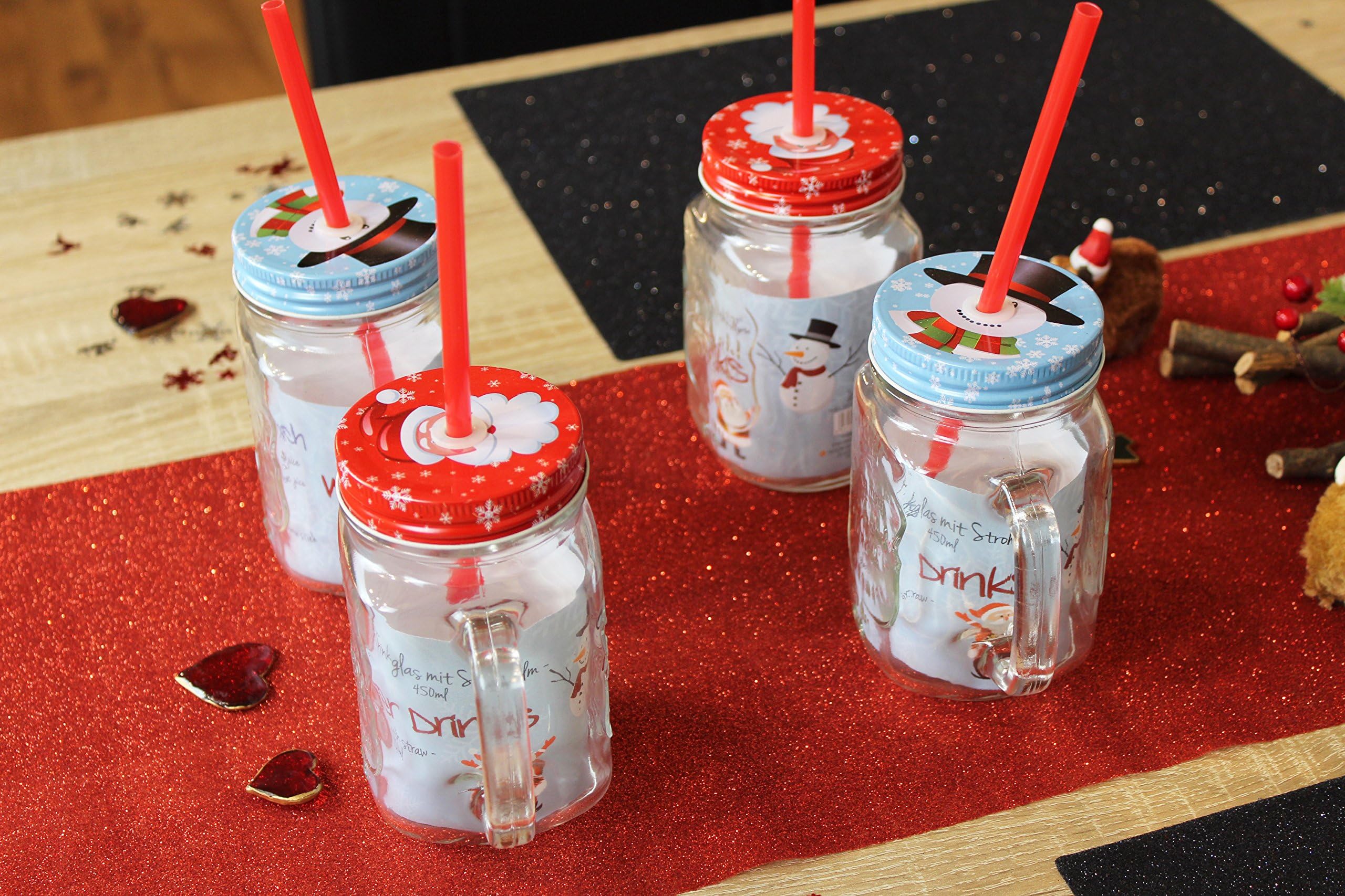 'Santa & Snowman Set of 4 Decorative Glass Cups with Straw and Handle Screw, approx. 450 ml Each – Mulled Wine – Punch – Hot & Cold Drink Cup – Glass Jars – Optik